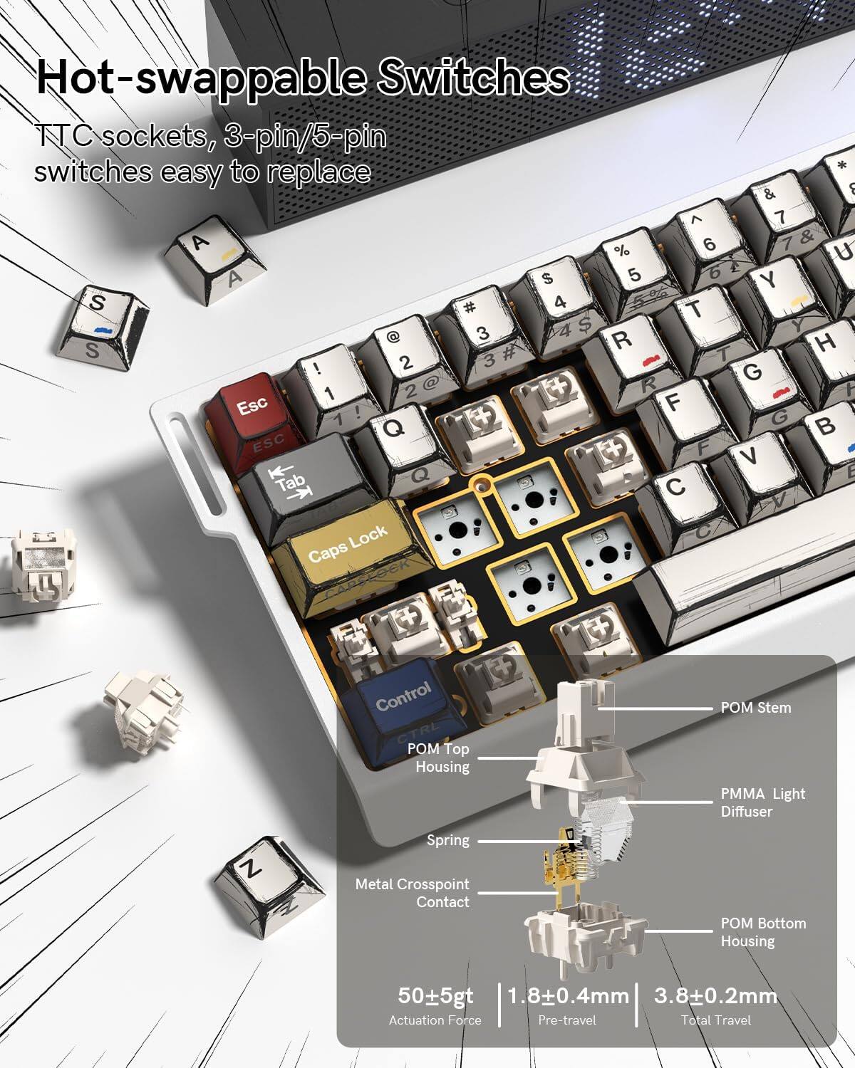 Hot-swappable Switches  
TTC sockets, 3-pin/5-pin switches easy to replace  

- POM Top Housing  
- PMMA Light Diffuser  
- Metal Crosspoint Contact  
- POM Bottom Housing  
- Spring  
- POM Stem  

50±5gt  
Actuation Force  

1.8±0.4mm  
Pre-travel  

3.8±0.2mm  
Total Travel