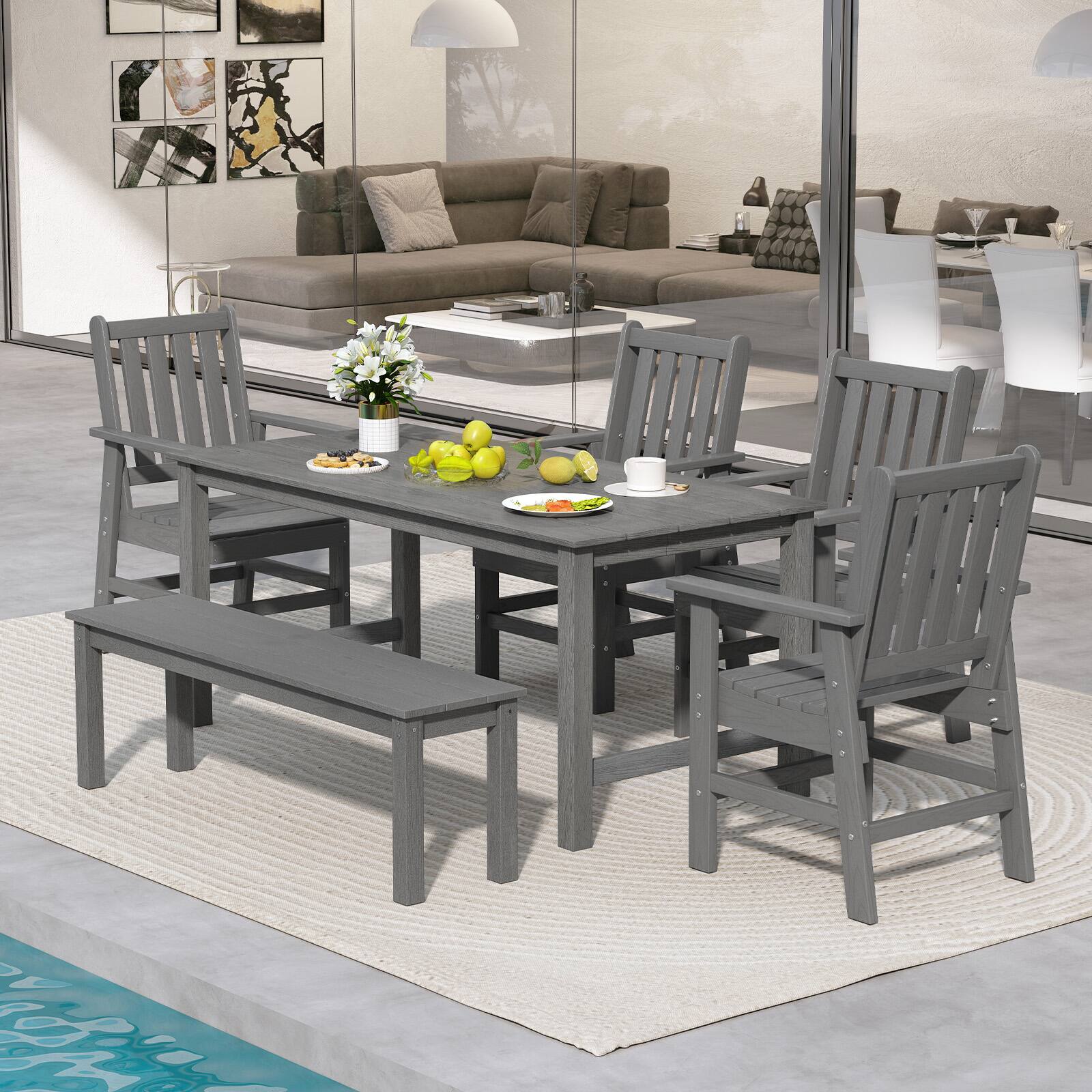 Alt View 3. Gymax - Gymax 6PCS Patio Dining Bench Set Outdoor HDPE Weather Resistant Table & Chairs Set Gray - Gray.