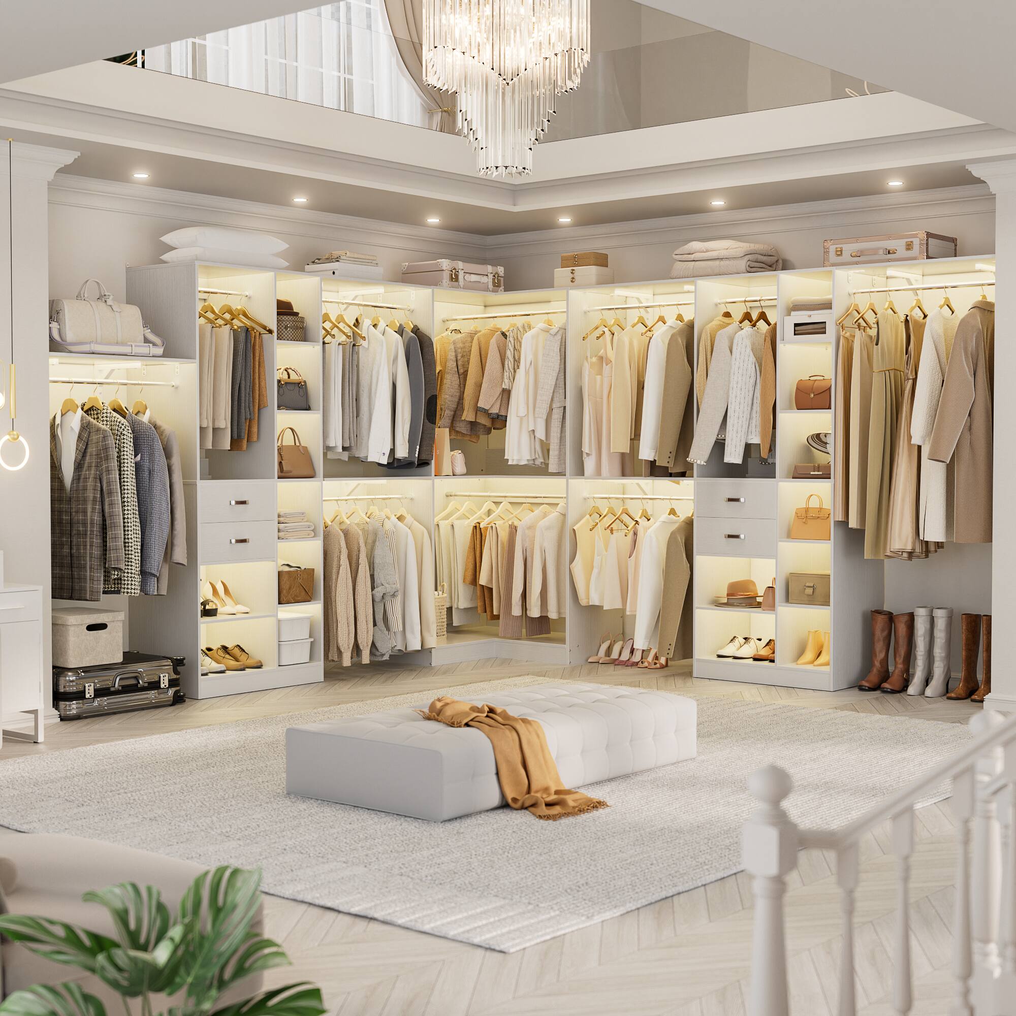 Left. Aheaplus - 126'' L Shaped Closet System with 4 Drawers, 8 Hanging Rods and Adjustable Shelves, Reversible, Set of 3 - White.