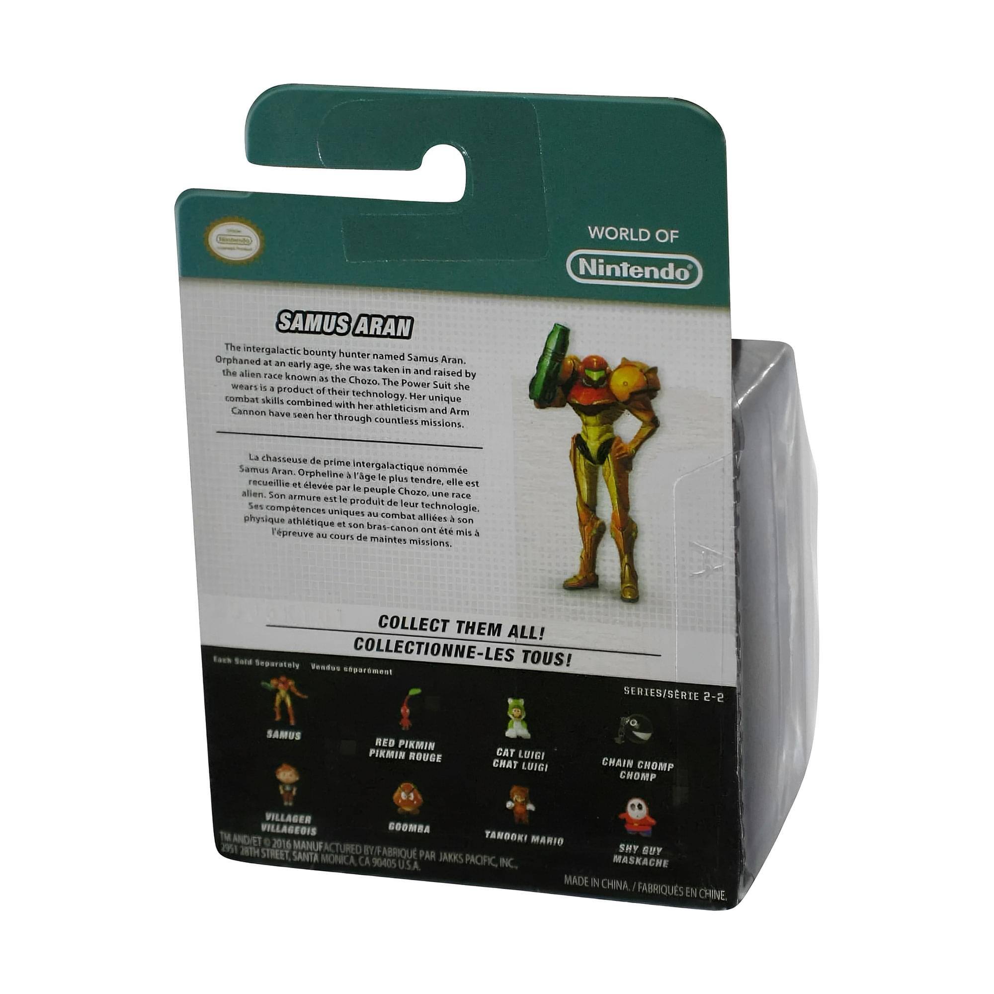 **WORLD OF Nintendo**

**SAMUS ARAN**

The intergalactic bounty hunter named Samus Aran. Orphaned at an early age, she was taken in and raised by an alien race known as the Chozo. The Power Suit she wears is a product of their combat skills and technology. Her unique combination of her athleticism and Arm Cannon have seen her through countless missions.

La chasseuse de prime intergalactique nommée Samus Aran. Orpheline à un jeune âge, elle est recueillie et élevée par le peuple alien Chozo. L'armure qu'elle porte est le produit de leurs compétences au combat physique et technologique. Ses compétences au combat alliées à son bras-canon lui ont permis à travers maintes missions.

**COLLECT THEM ALL!**

**COLLECTIONNEZ-LES TOUS!**

Each Sold Separately / Vendu séparément

**SERIES/SÉRIE 2-2**

- SAMUS
- RED PIKMIN / PIKMIN ROUGE
- CAT LUIGI / CHAT LUIGI
- CHAIN CHOMP / CHOMP
- VILLAGER / VILLAGEO