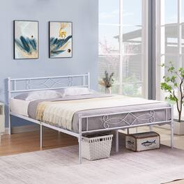 Vecelo - Full Size Metal Bed Frame with Headboard & Footboard - Heavy Duty 660 lbs Capacity, Ornamental Design & Non-Slip Pads - White