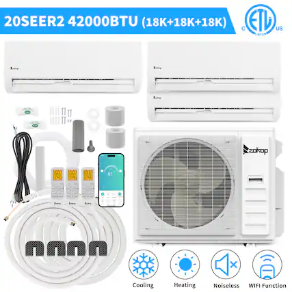 20SEER2 42000BTU (18K+18K+18K)
C ETL US LISTED
Radop 619
Pndop a I - - Rte - - AL - IH IT IT IH II TT 8: Pndaei zokop .... .... 888 ..... 888 61 nothn_to_trsi Pe Eude n00 X
Cooling Heating Noiseless WIFI Function