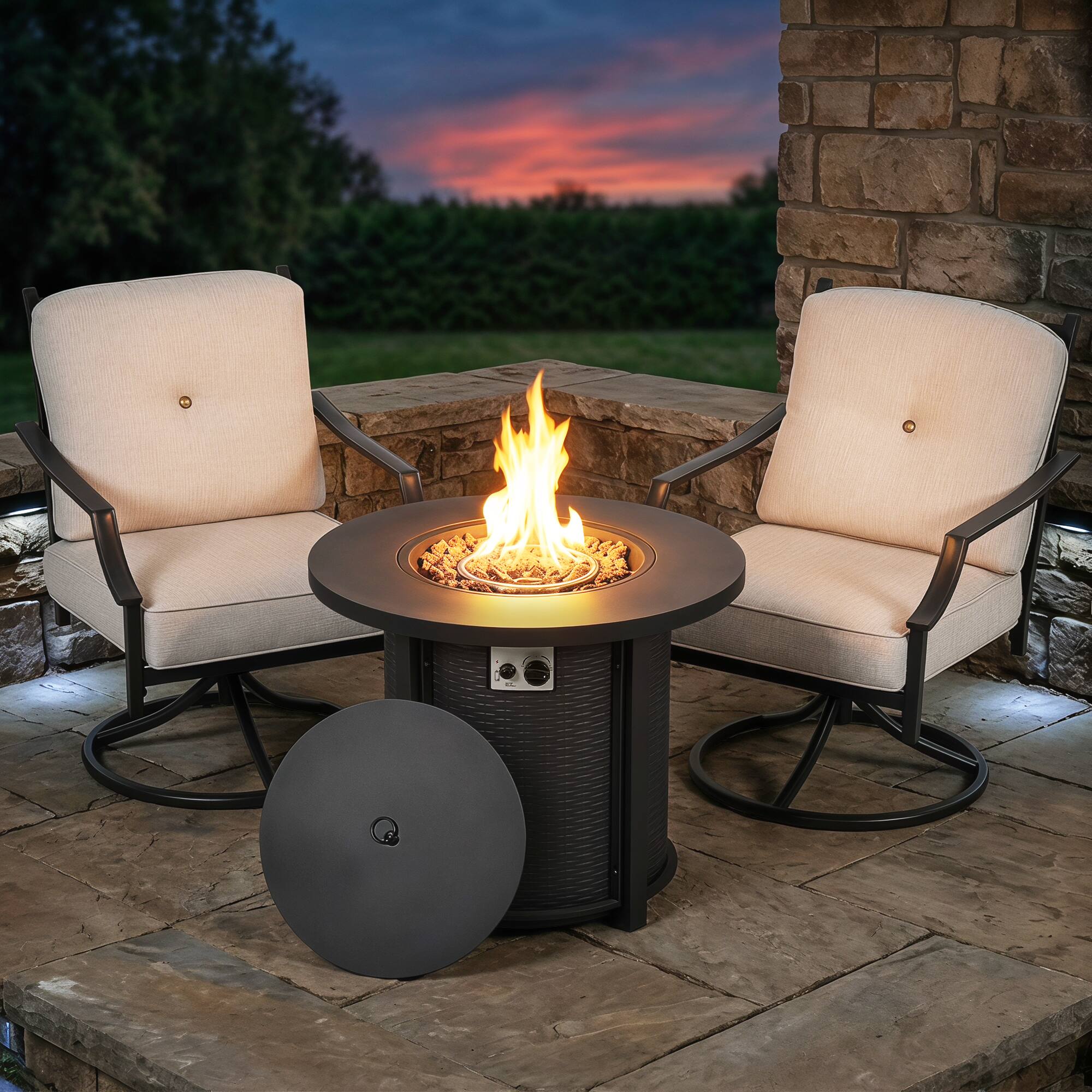 Angle. Nuu Garden - 3-Piece Outdoor Fire Pit Set with 2 Swivel Sofas, CSA Certified - Black and Gray.