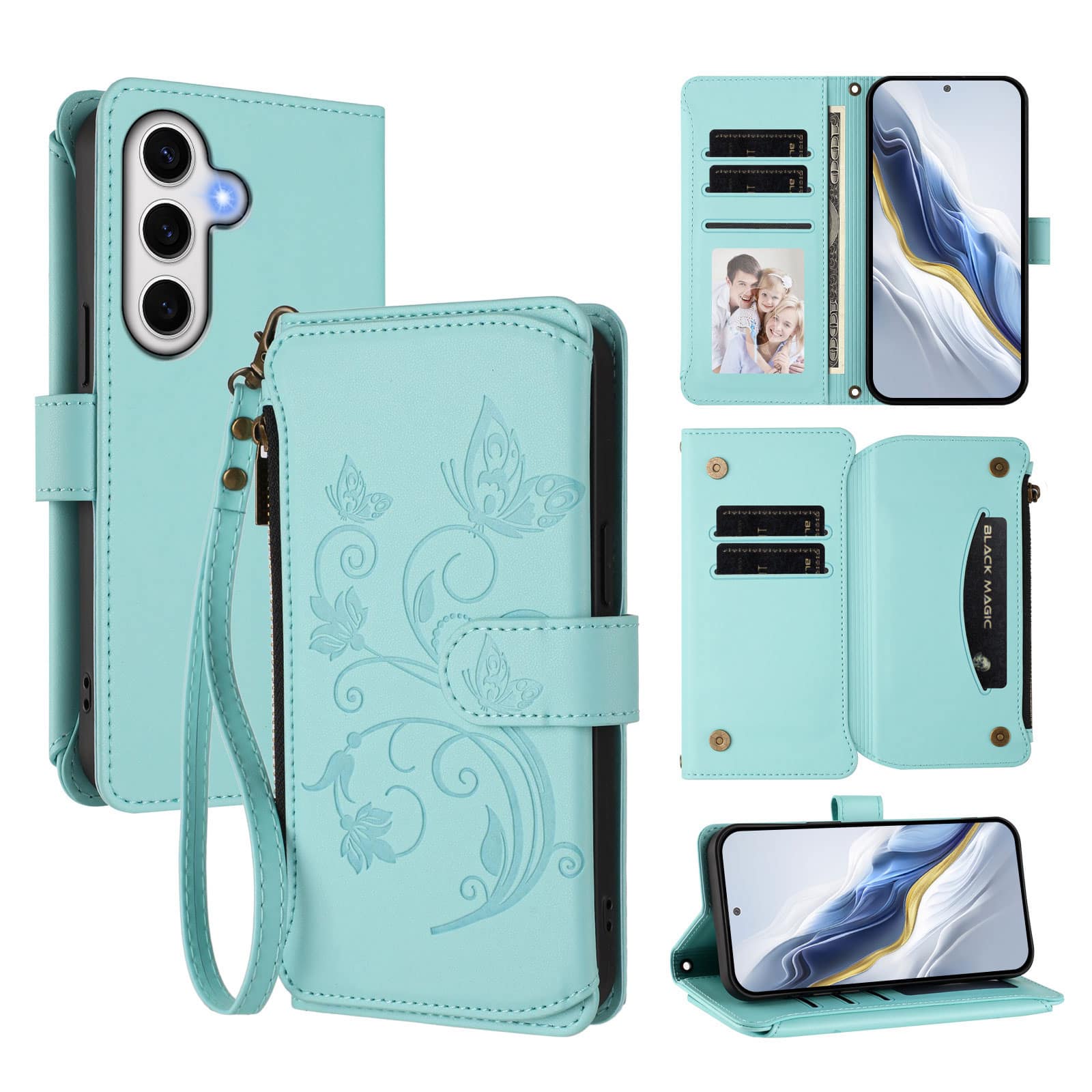 Dteck - Crossbody Wallet Case for Samsung Galaxy S24 FE,Embossed Butterfly Flower Folio Cover with Zipper Pocket+Strap - Green price history on PriceWatchPro