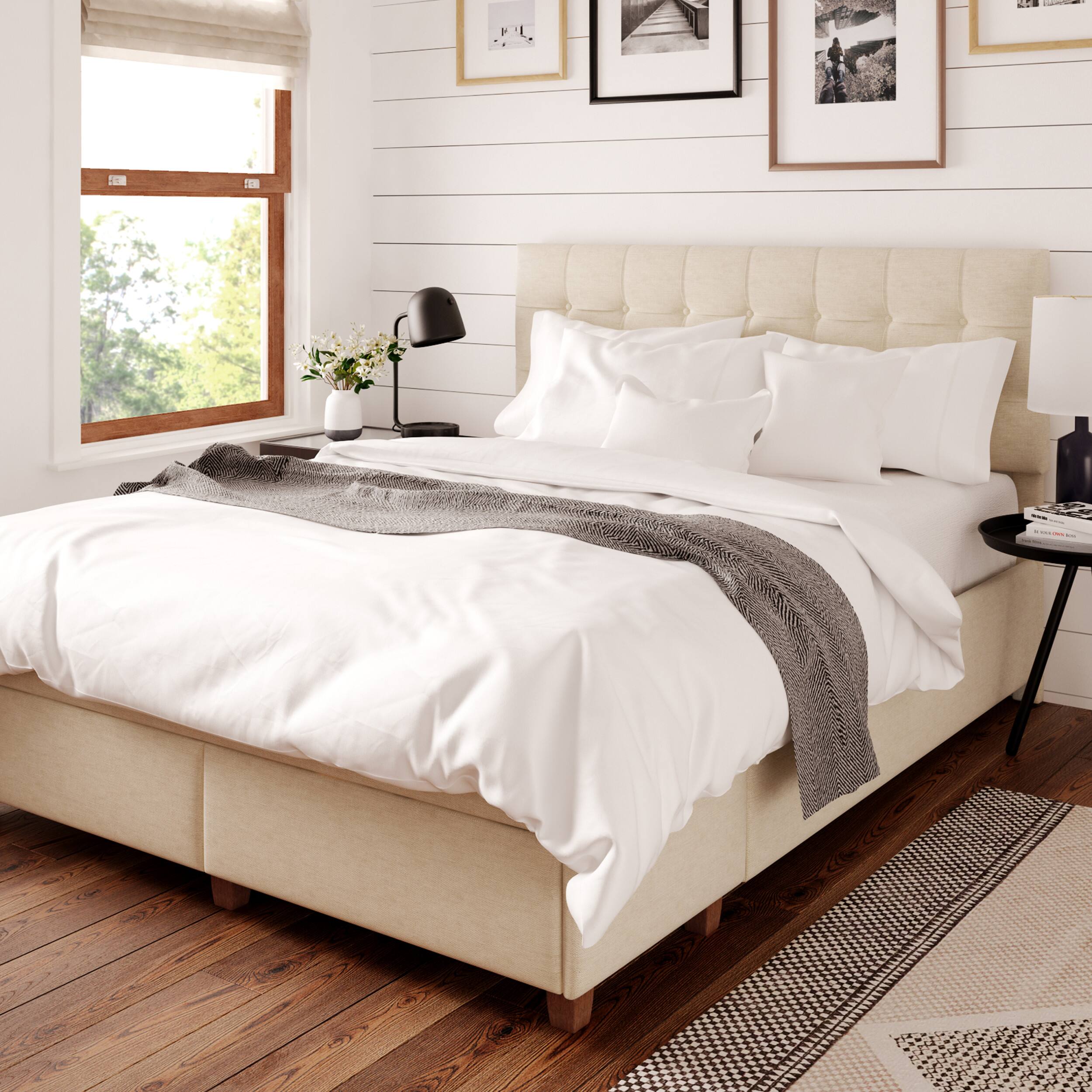 Angle. Click Decor - Edmond Storage Bed with Adjustable Height Headboard Queen Size - Beige.