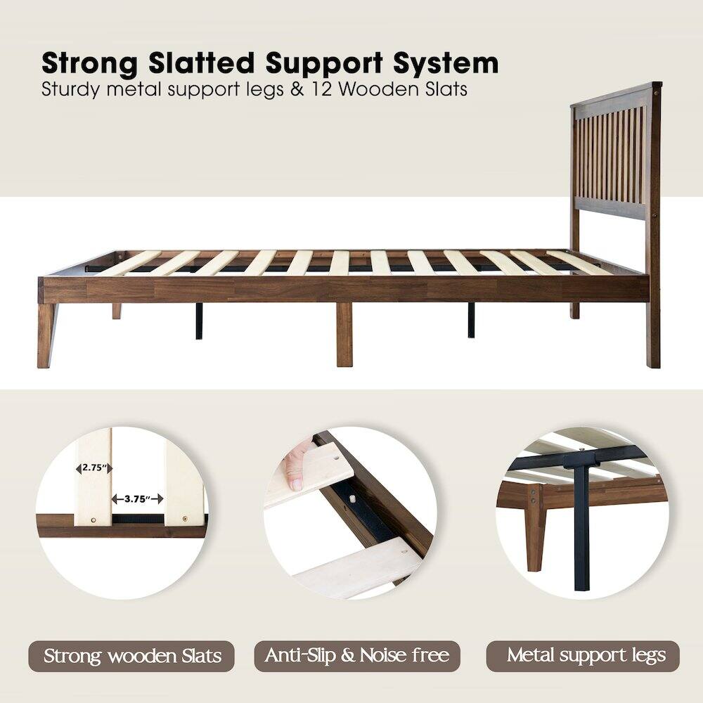Strong Slatted Support System  
Sturdy metal support legs & 12 Wooden Slats  
2.75" 3.75"  
Strong wooden Slats  
Anti-Slip & Noise free  
Metal support legs