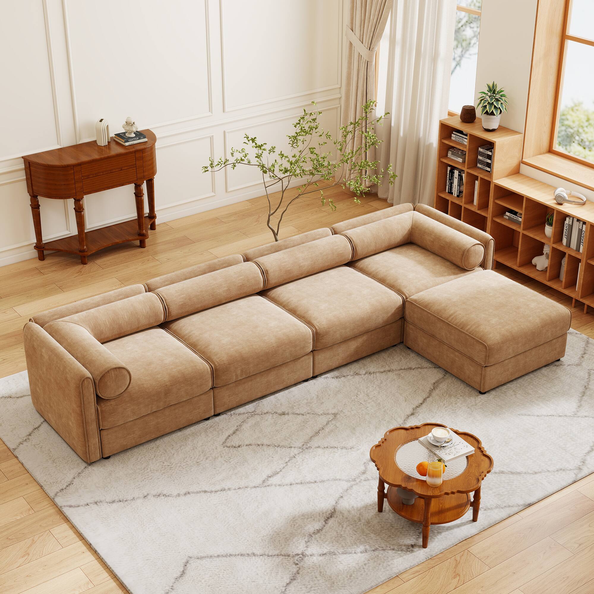 Front. LOVMOR - 4 Seat L Shaped Modular Chenille Sectional Couch Storage Ottoman Cylindrical Support For Living Room Plush Den - Camel.