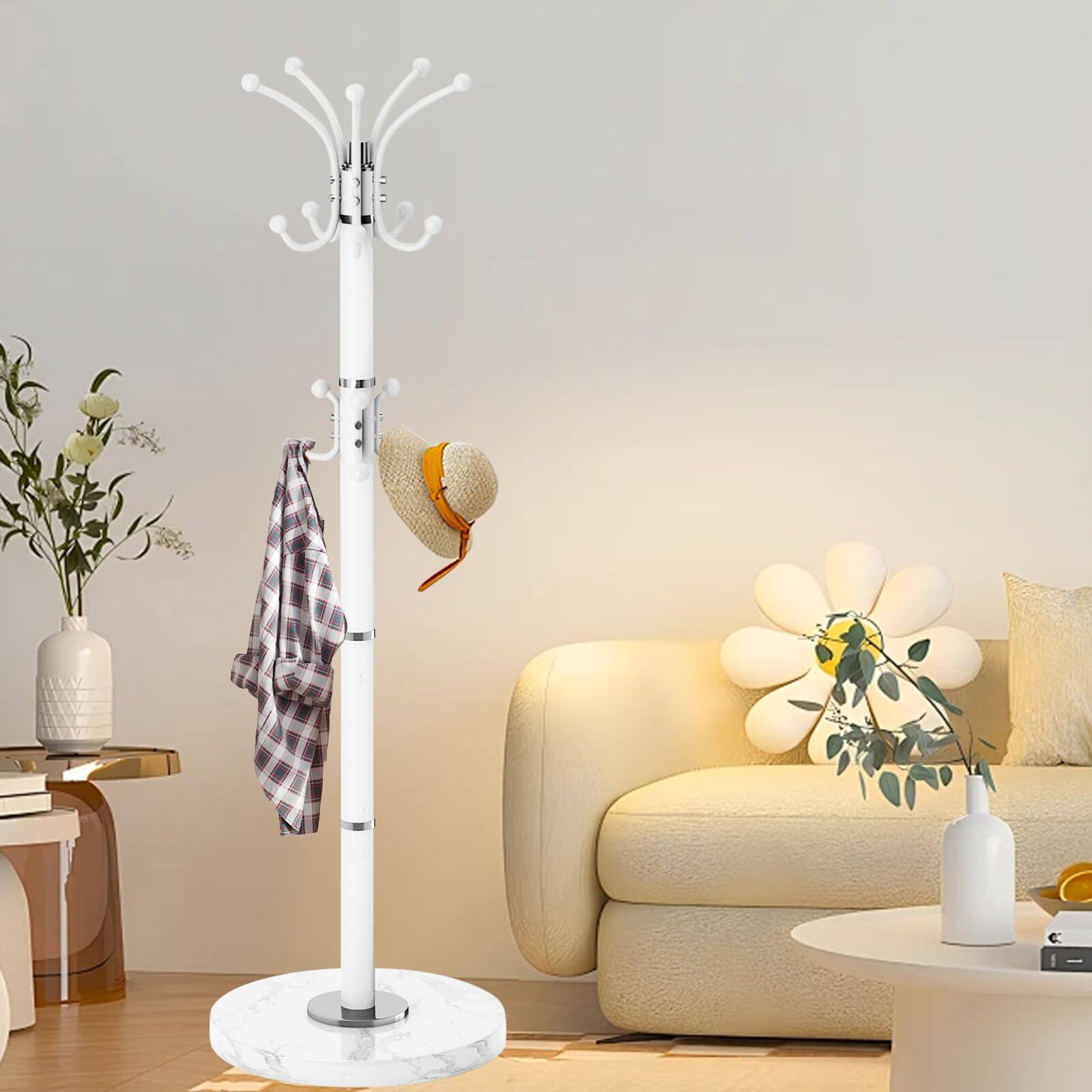 Front. Hanke - Metal Heavy Duty Coat Rack Stand Modern 360° Roraty Freestanding With Marble Base White Racks Hall Tree Han... - White 16 Hooks.