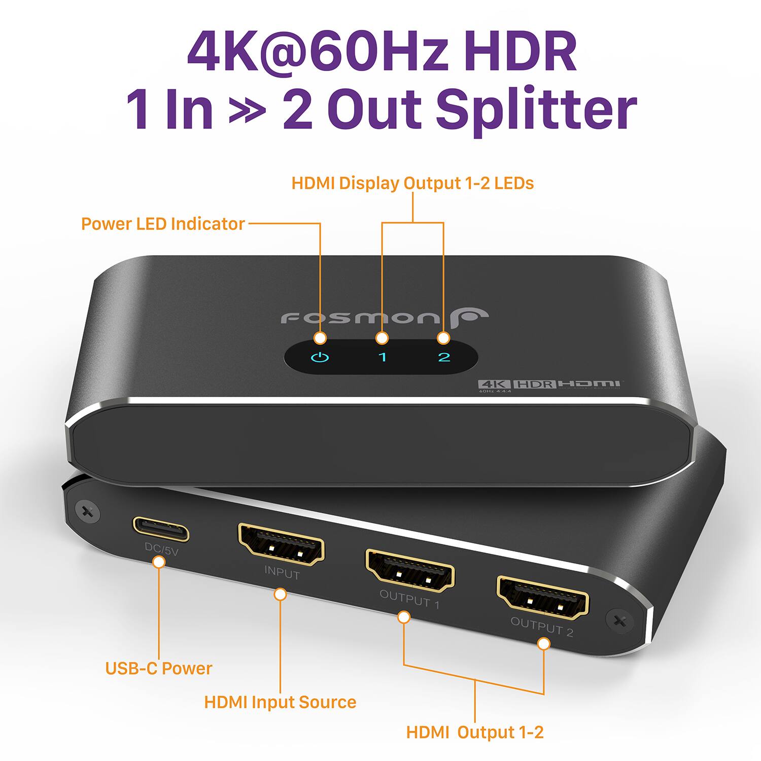 4K@60Hz HDR 1 In > 2 Out Splitter HDMI Display Output 1-2 LEDs Power LED Indicator Fosmon 1 2 4K HDR HDMI : DC/SV INPUT OUTPUT 1 OUTPUT 2 USB-C Power HDMI Input Source HDMI Output 1-2