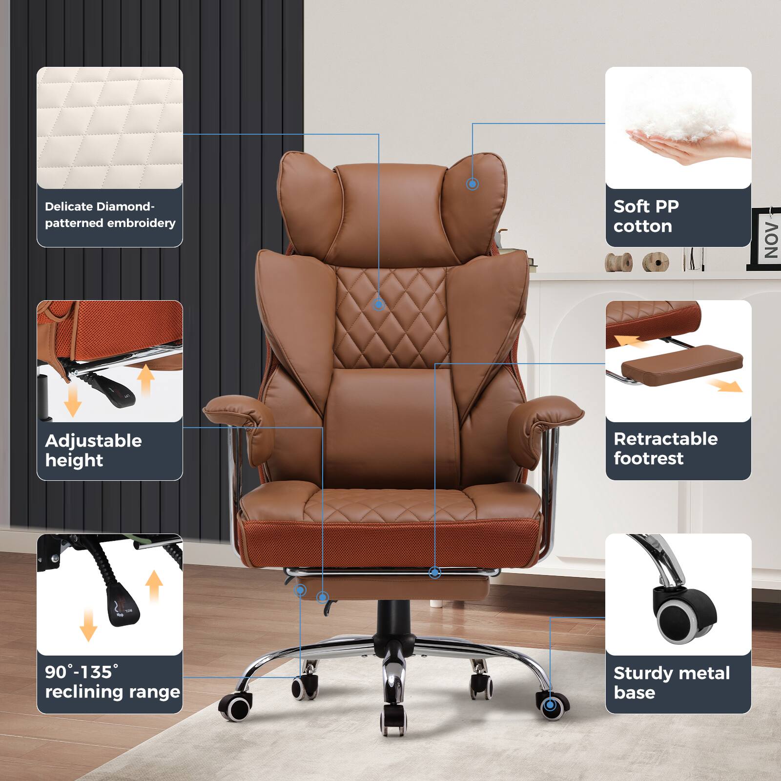 - Delicate Diamond-patterned embroidery
- Soft PP cotton
- Adjustable height
- Retractable footrest
- 90°-135° reclining range
- Sturdy metal base