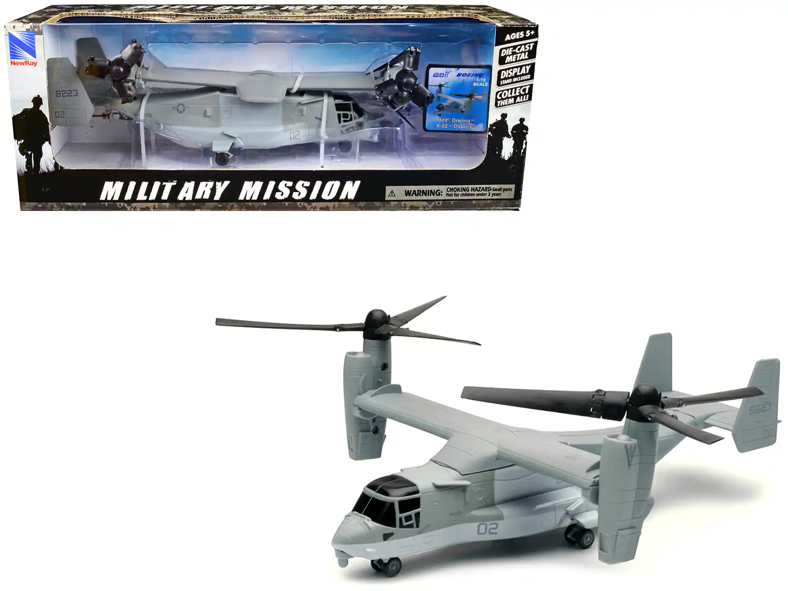 NewRay  
8223 02 02  
AGES 5+  
DIE-CAST METAL  
DON BOLINC DISPLAY  
COLLECT THEM ALL!  

MILITARY MISSION  

WARNING: CHOKING HAZARD - Small parts. Not for children under 3 years.  

Boeing V-22 Osprey