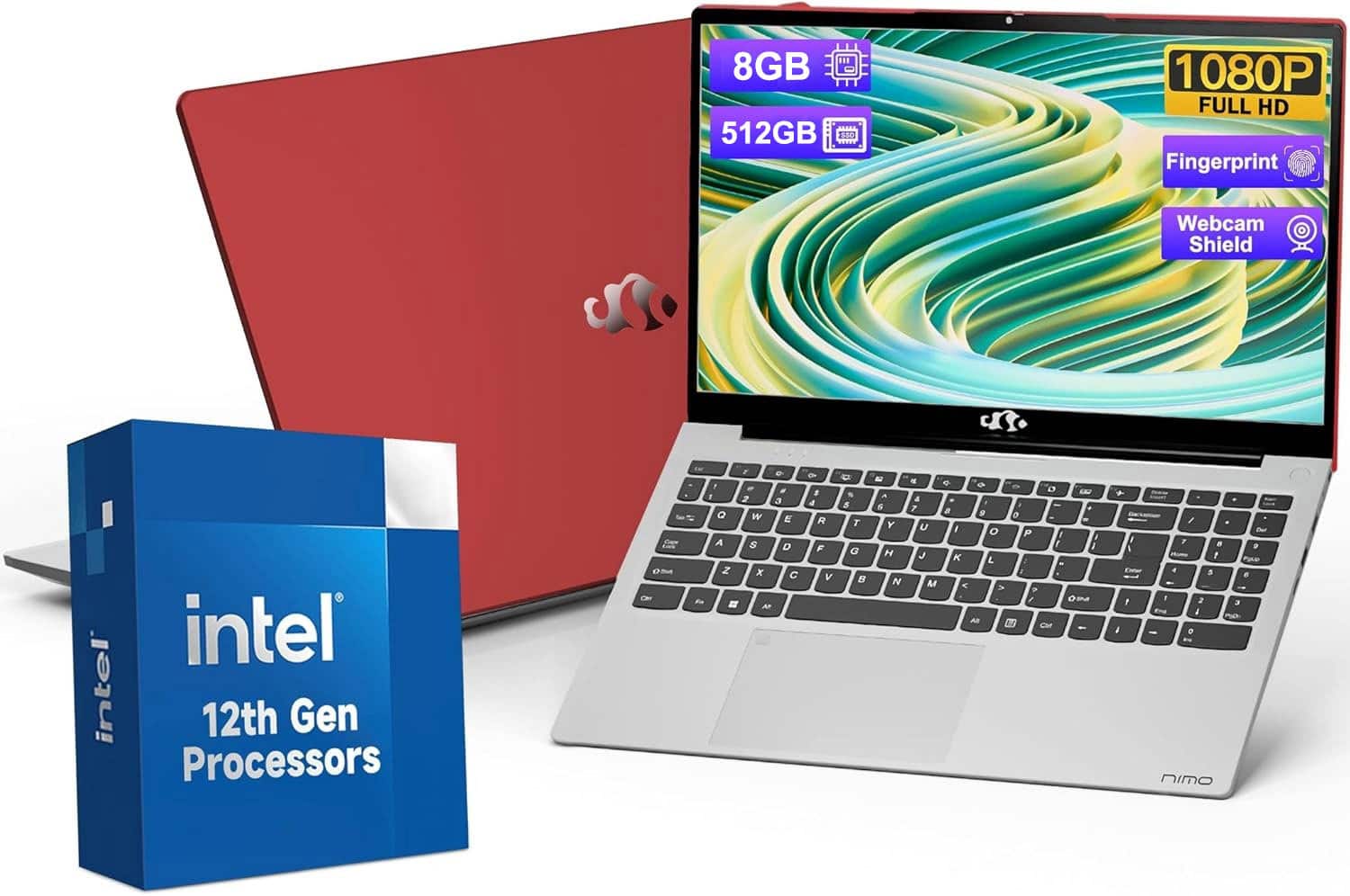 NIMO - 15.6" Laptop Intel Pentium Processor N100 8GB RAM 512GB SSD 3.4GHz Backlit Keyboard- Fingerprint WiFi 6 Win 11 - Red
