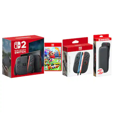 Sure, here is the corrected and grouped text:
---
**Nintendo Switch**
- **Nintendo Switch** (Red Edition)
- **Mario Tennis Aces** (Fever Edition)
**Accessories:**
- **Sentrio** (Controller Grip)
---
**Details:**
- **Nintendo Switch** (Red Edition)
- **Mario Tennis Aces** (Fever Edition)
- **Sentrio** (Controller Grip)
---
**Note:** The text appears to be a mix of product names and details, likely from an image of a Nintendo Switch bundle. - E (Everyone)