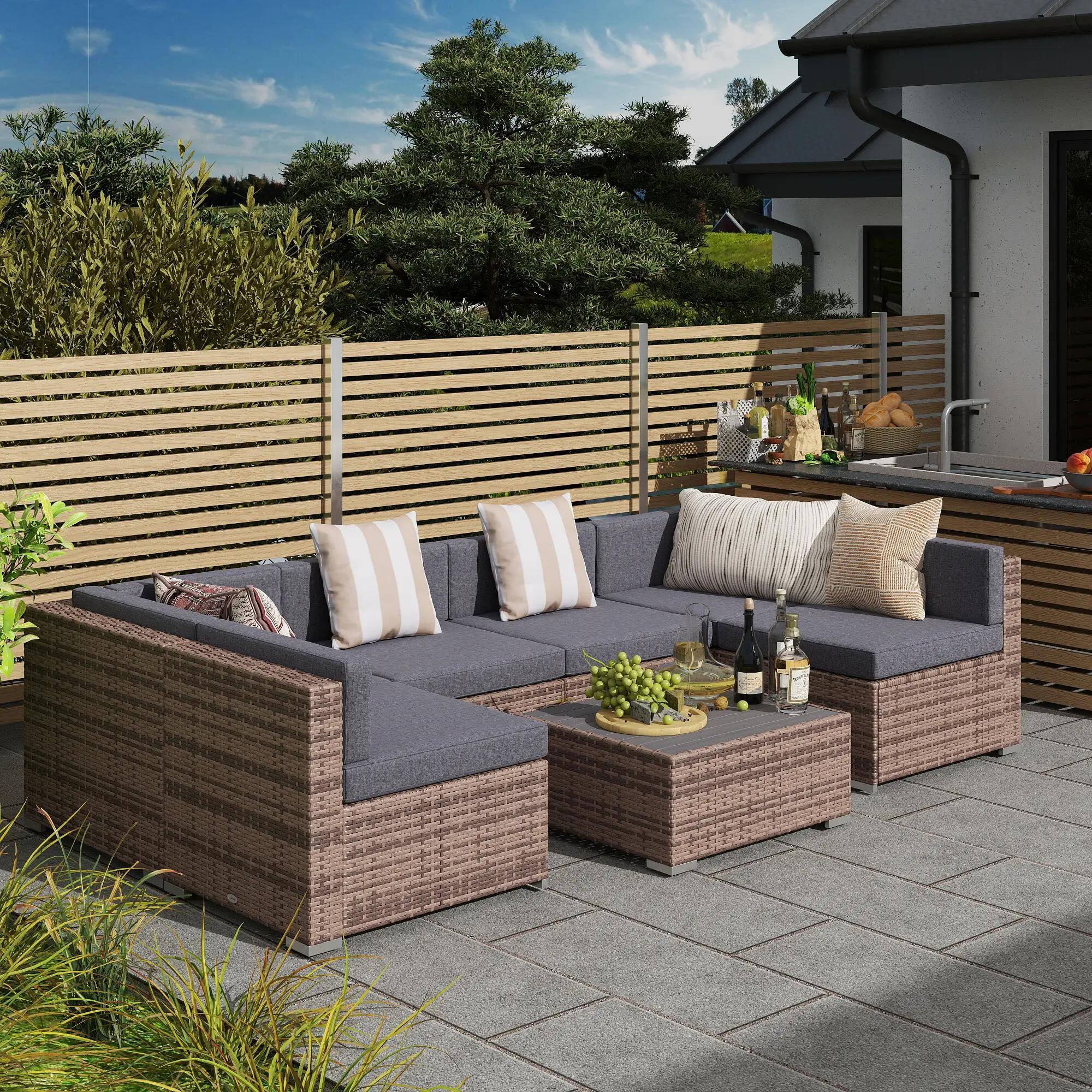 Alt View 9. Resenkos - Resenkos 7-Piece Rattan Sectional Set, Outdoor Sectional Furniture, PE Rattan, Gray - Gray.
