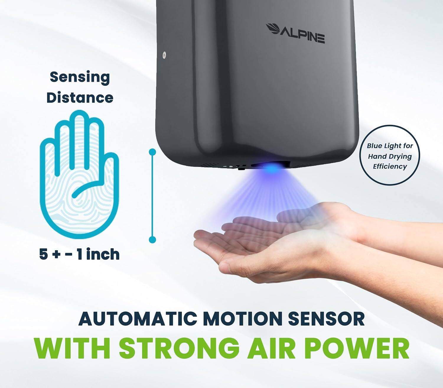 ALPINE Sensing Distance Blue Light for Hand Drying Efficiency 5+ -1 inch Automatic Motion Sensor with Strong Air Power