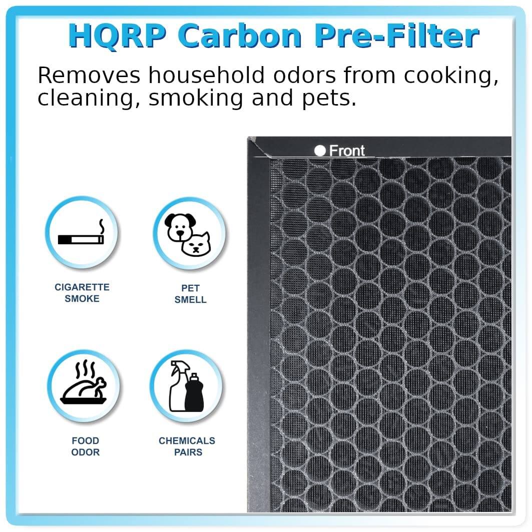 HQRP Carbon Pre-Filter  
Removes household odors from cooking, cleaning, smoking and pets.  

Front  
CIGARETTE SMOKE  
PET SMELL  
FOOD ODOR  
CHEMICALS PAIRS