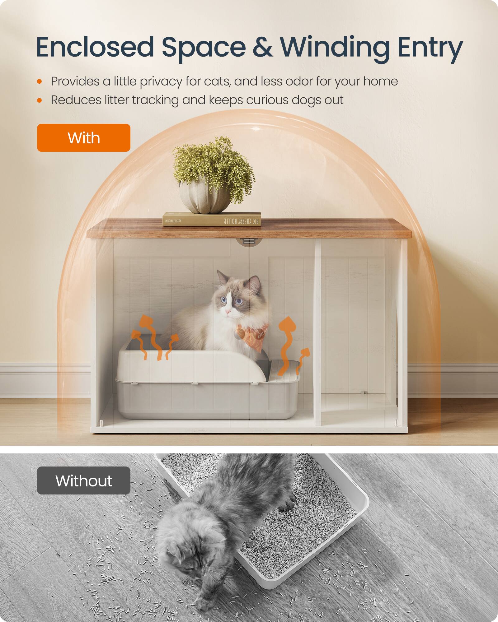 Enclosed Space & Winding Entry  
Provides a little privacy for cats, and less odor for your home  
Reduces litter tracking and keeps curious dogs out  

With  
0152.32.97 and  
HOLLER CHERRY BIC  

Without