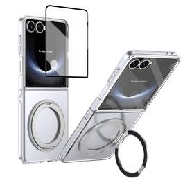 Dteck - Case For Samsung Galaxy Z Flip7 Clear Shockproof Rugged Ring Kickstand Magnetic Built-in Screen Protector Cover - Silver