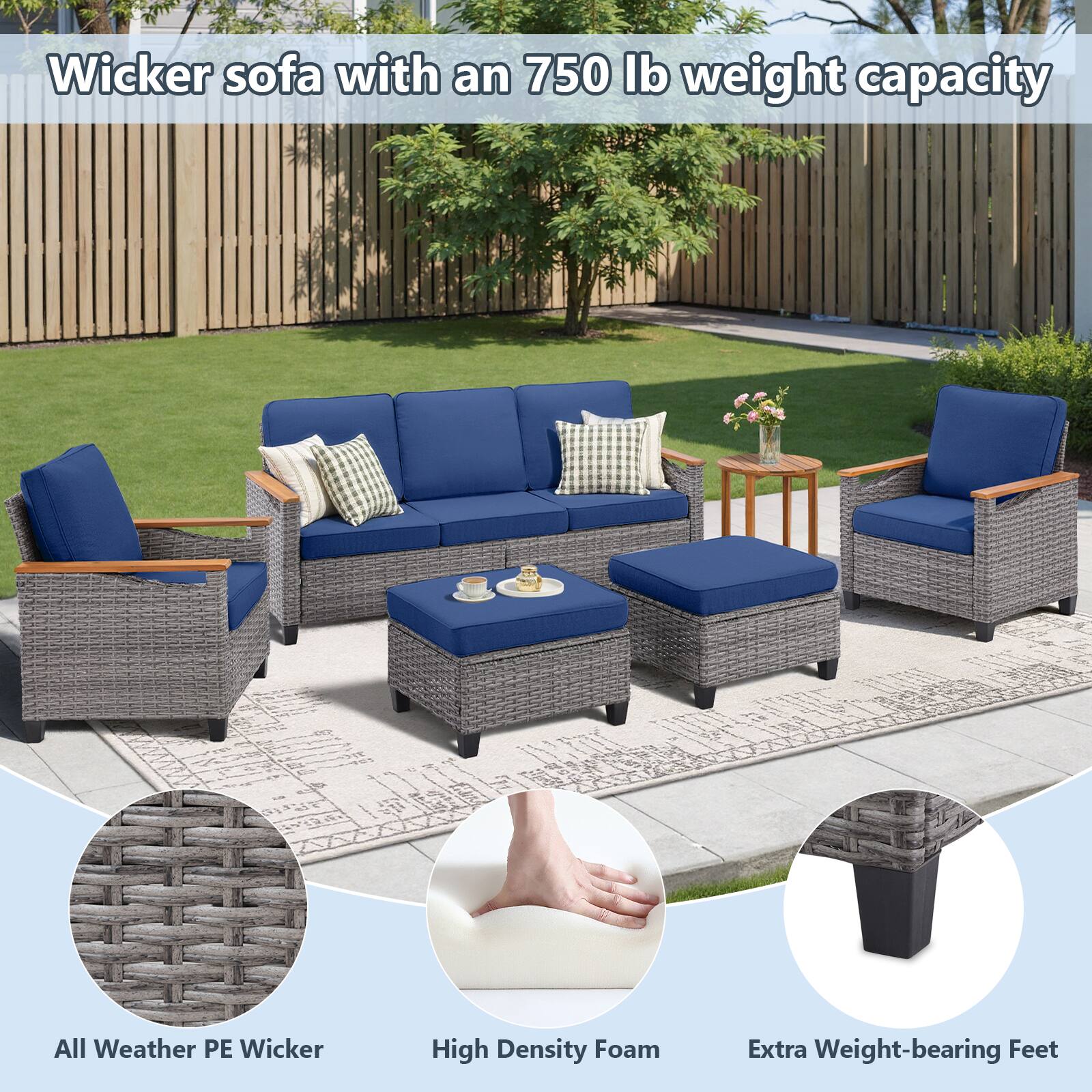 Wicker sofa with an 750 lb weight capacity

- All Weather PE Wicker
- High Density Foam
- Extra Weight-bearing Feet
