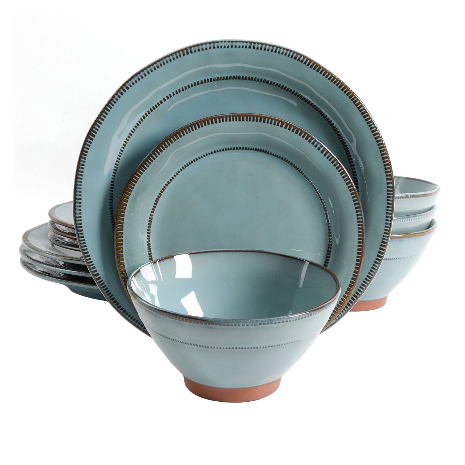 Alt View 1. Gibson - Gibson Elite Terranea 12 Piece Round Terracotta Dinnerware Set in Teal - Blue.