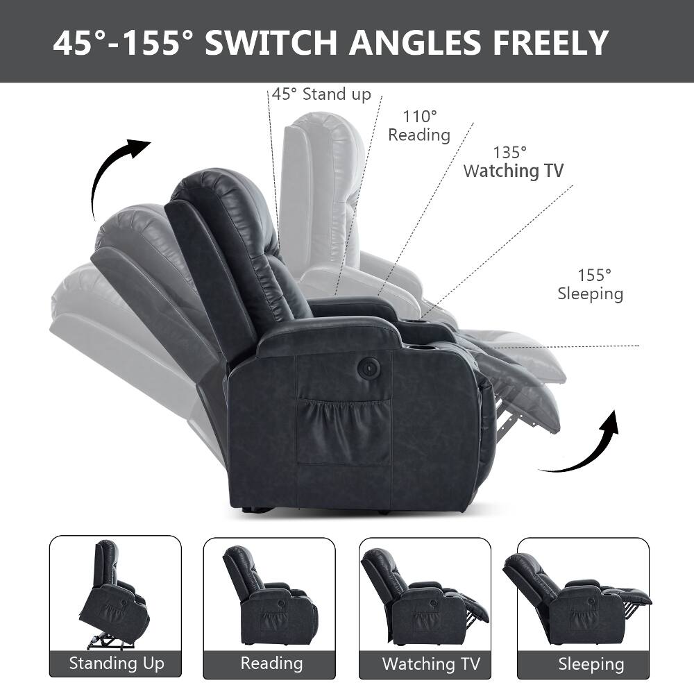 45°-155° SWITCH ANGLES FREELY

45° Stand up
110° Reading
135° Watching TV
155° Sleeping

Standing Up
Reading
Watching TV
Sleeping