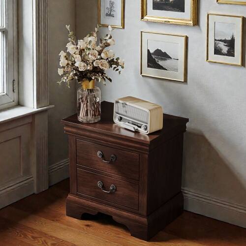 Back. LUCKY ONE - 22" Assembled Classic Wooden Nightstand 2-Drawer Antique Pulls - Cherry.