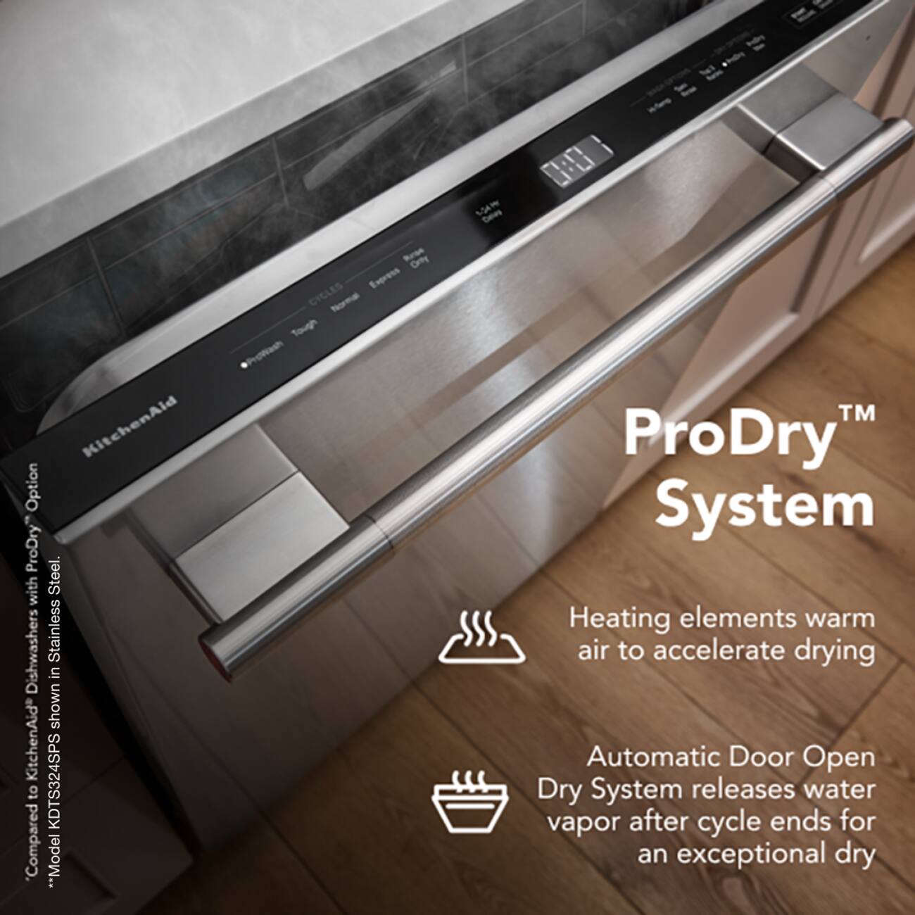 The KitchenAid KDTS324SPS dishwasher features the ProDry System, which includes heating elements that warm air to accelerate drying and an Automatic Door Open Dry System that releases water vapor after the cycle ends for an exceptional dry.
