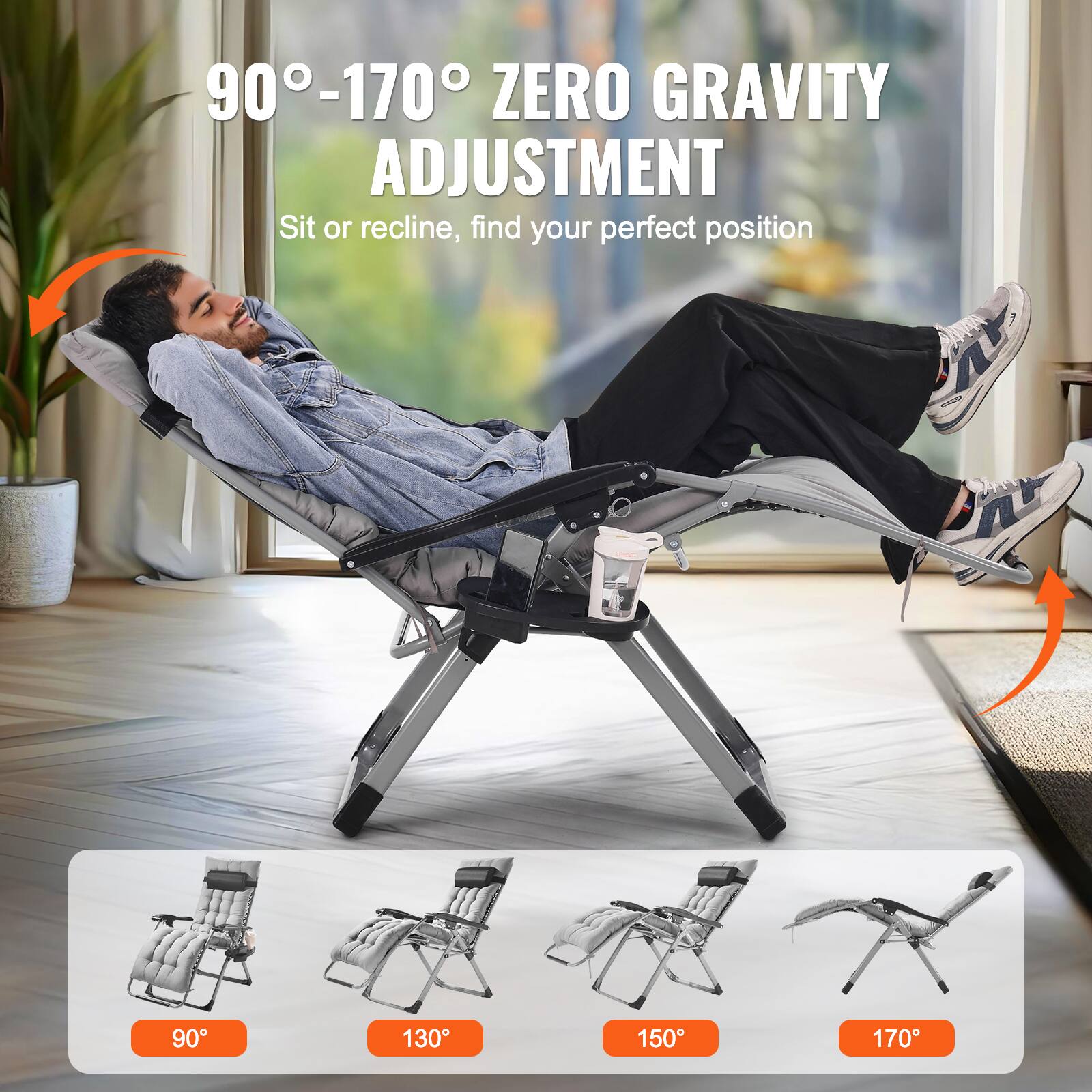 90°-170° ZERO GRAVITY ADJUSTMENT  
Sit or recline, find your perfect position  

90°  
130°  
150°  
170°