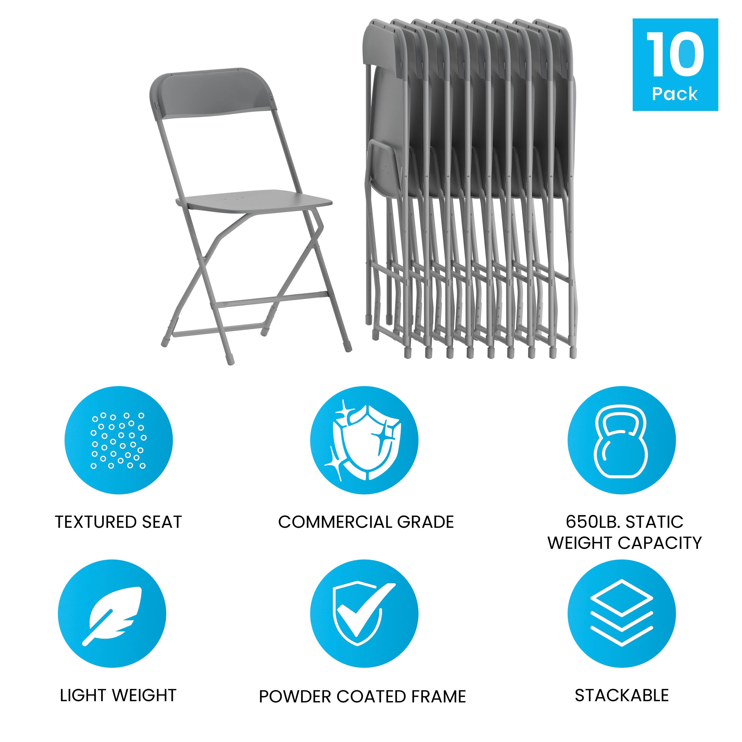 10 Pack  
TEXTURED SEAT  
COMMERCIAL GRADE  
650LB. STATIC WEIGHT CAPACITY  
LIGHT WEIGHT  
POWDER COATED FRAME  
STACKABLE