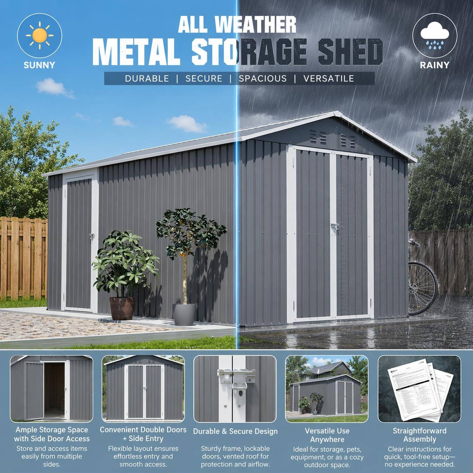 ALL WEATHER METAL STORAGE SHED  
DURABLE | SECURE | SPACIOUS | VERSATILE  

SUNNY  
RAINY  

Ample Storage Space  
Convenient Double Doors  
Durable & Secure Design  
Versatile Use  
Straightforward Assembly  

Ample Storage Space with Side Door Access  
Store and access items easily from multiple sides.  

Convenient Double Doors + Side Entry  
Flexible layout ensures effortless entry and smooth access.  

Durable & Secure Design  
Sturdy frame, lockable doors, vented roof for protection and airflow.  

Versatile Use Anywhere  
Ideal for storage, pets, equipment, or as a cozy outdoor space.  

Straightforward Assembly  
Clear instructions for quick, tool-free setup—no experience needed.