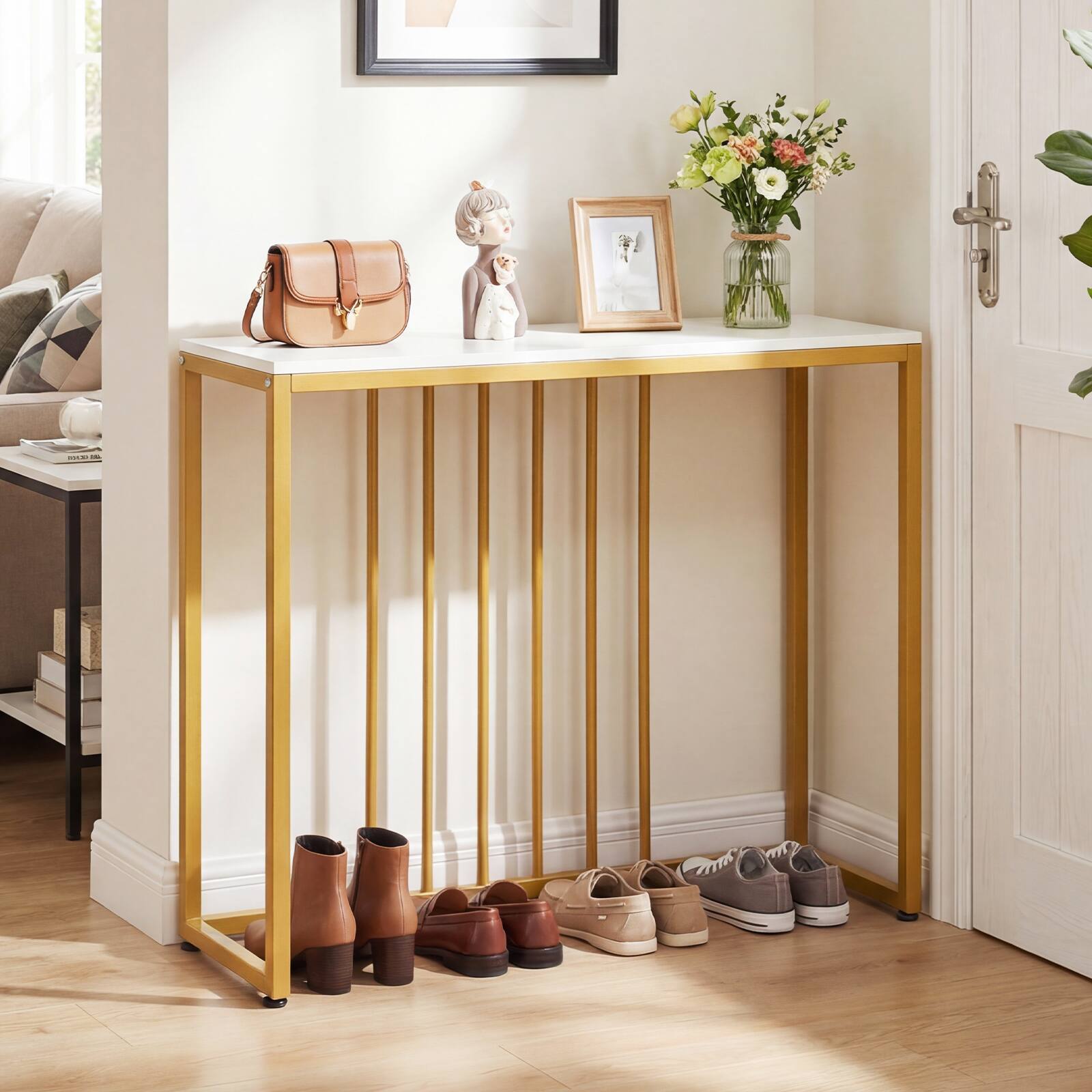 Alt View 1. Costway - Costway Console Table with Built-in Charging Station, Heavy-Duty Metal Frame for Foyer - White + Gold.