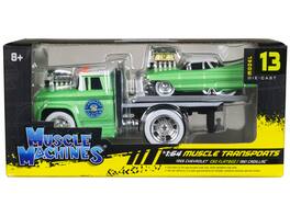 Muscle Machines - 1966 Chevrolet C60 Flatbed Truck & 1961 Cadillac Coupe Green/White Muscle Transports Series 1/64 Diecast - Green Metallic with White