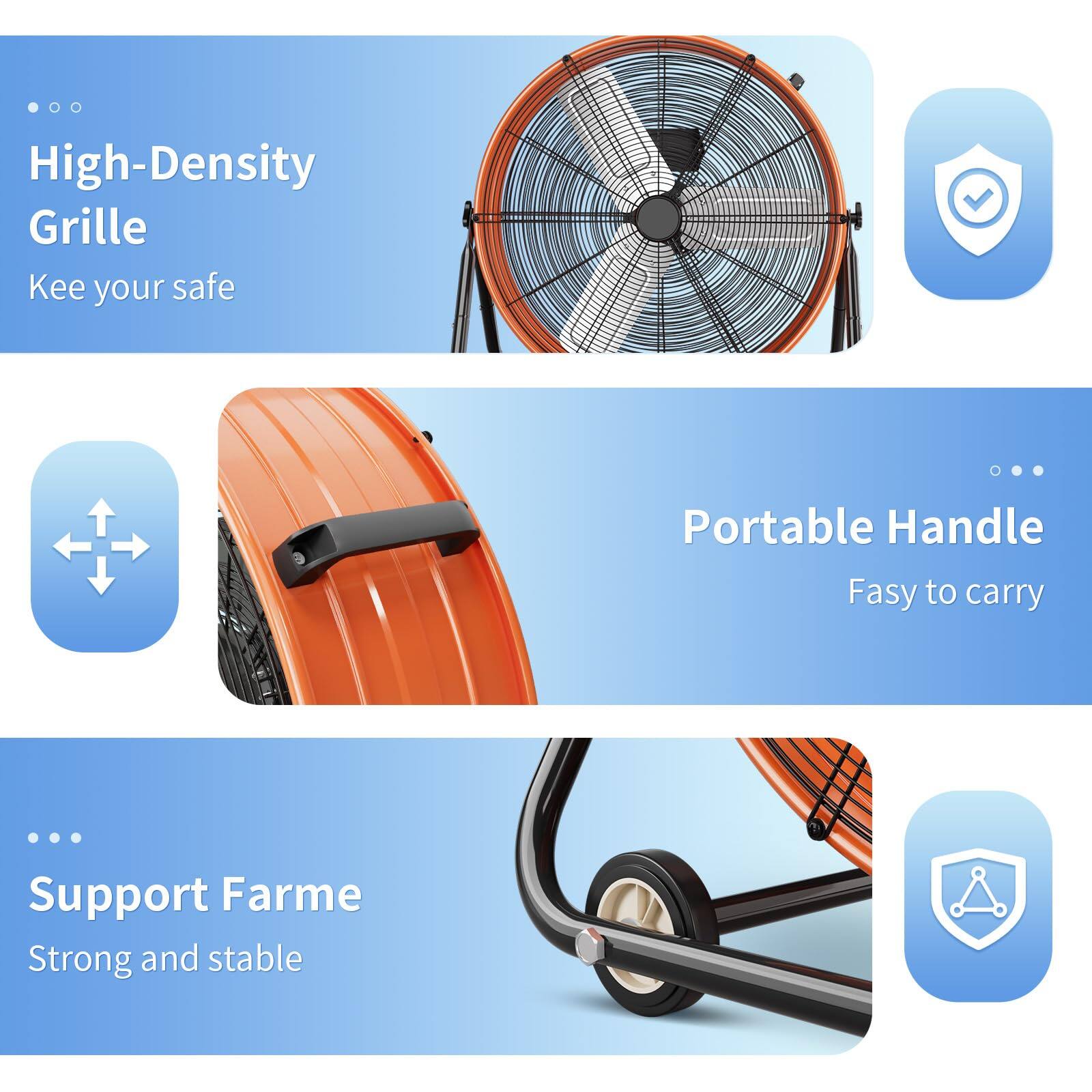 High-Density Grille  
Keep your safe  

Portable Handle  
Easy to carry  

Support Frame  
Strong and stable