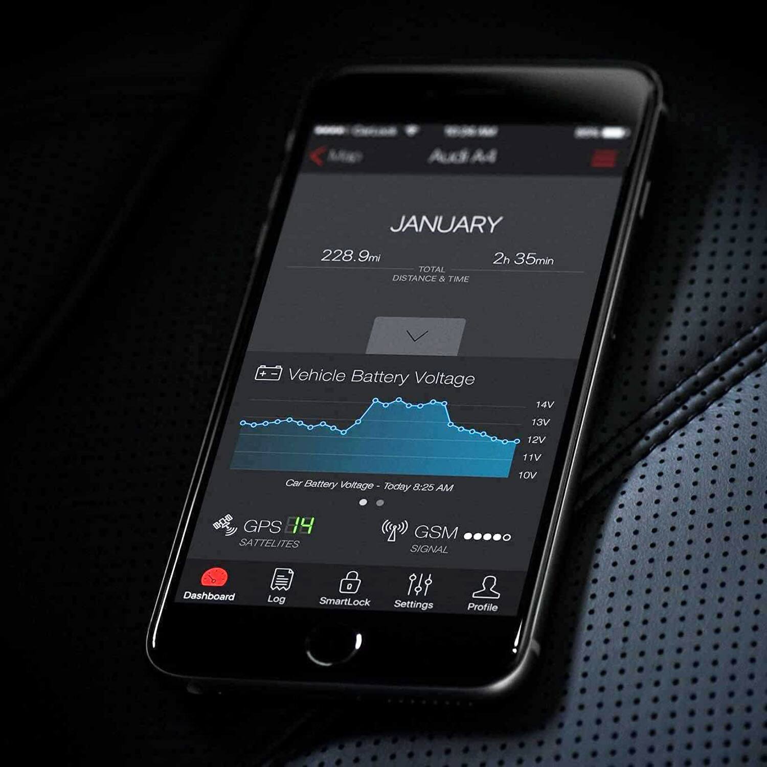 JANUARY  
228.9mi  
2h 35min  
TOTAL DISTANCE & TIME  

Vehicle Battery Voltage  
Car Battery Voltage - Today 8:25 AM  

GPS 14  
SATELLITES  

GSM SIGNAL  

Dashboard  
Log  
SmartLock  
Settings  
Profile