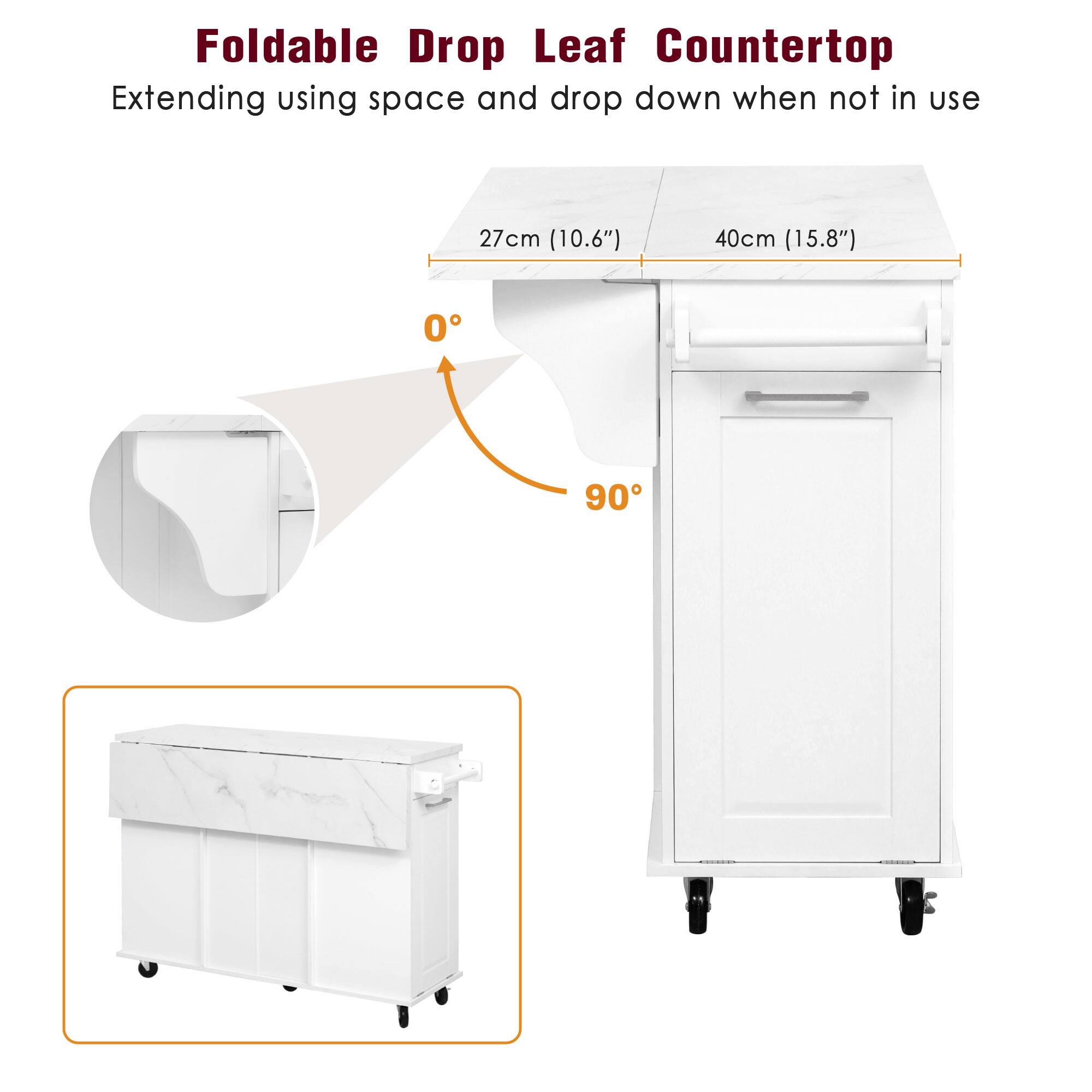 Foldable Drop Leaf Countertop  
Extending using space and drop down when not in use  

27cm (10.6")  
40cm (15.8")  

0°  
90°