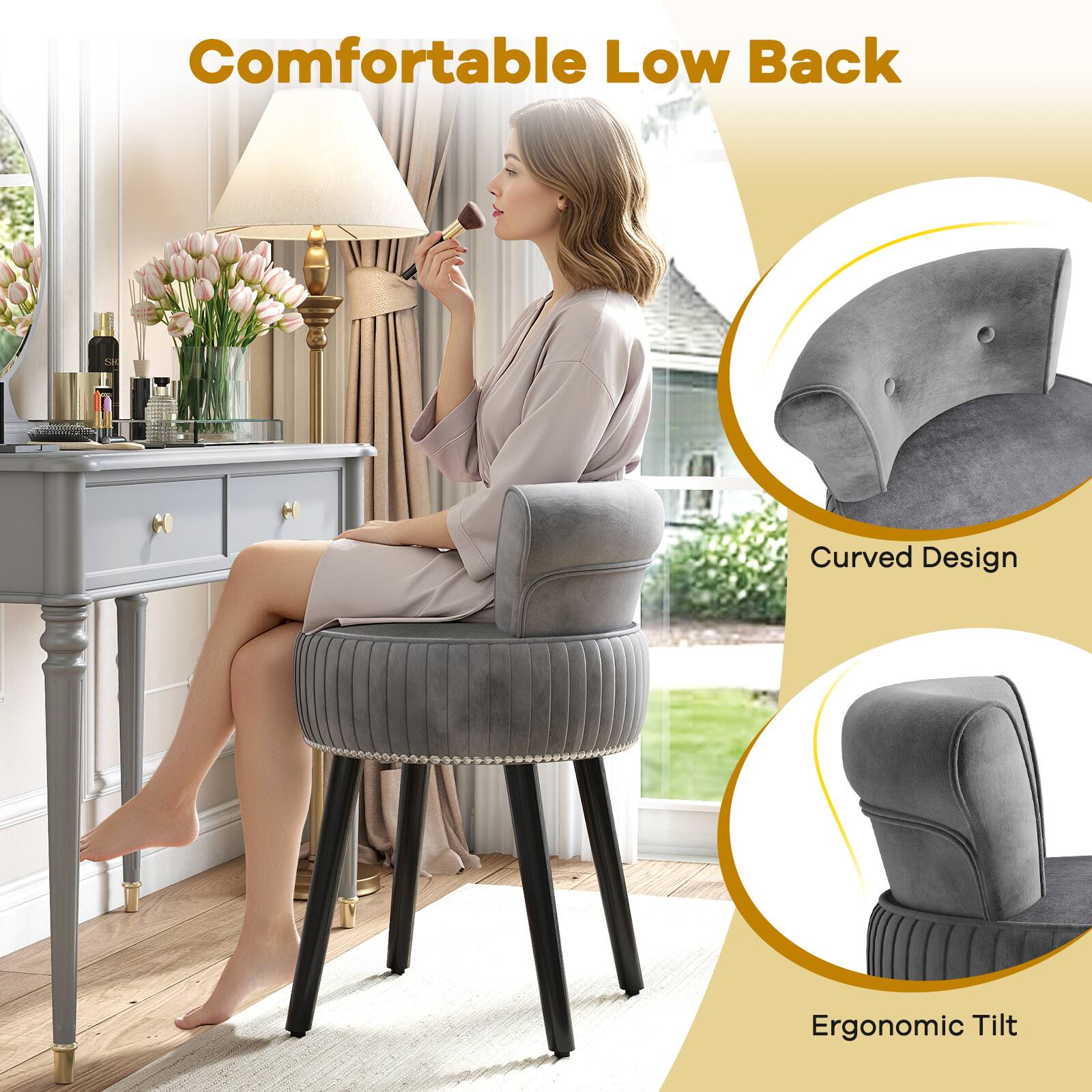 Comfortable Low Back  
Curved Design  
Ergonomic Tilt