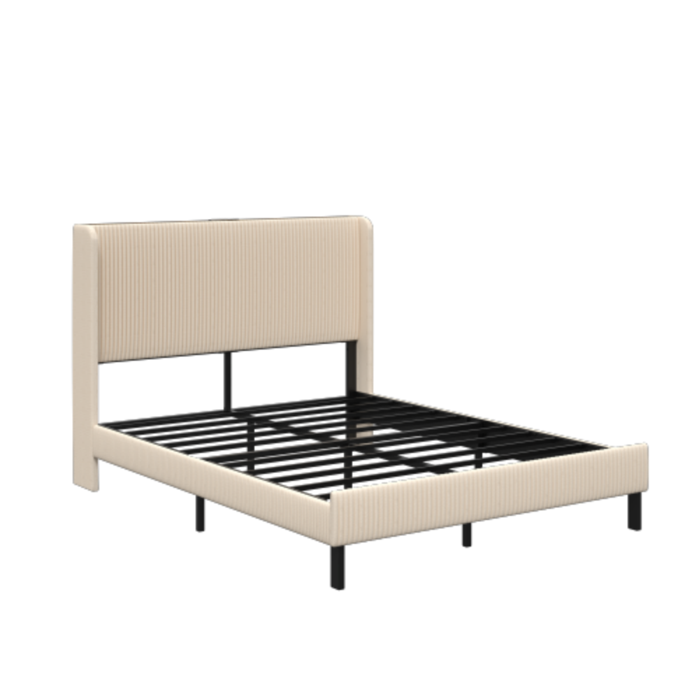Alt View 4. LUCKY ONE - Queen Size Platform Bed , Metal Bed Frame with Charging Station - Beige.