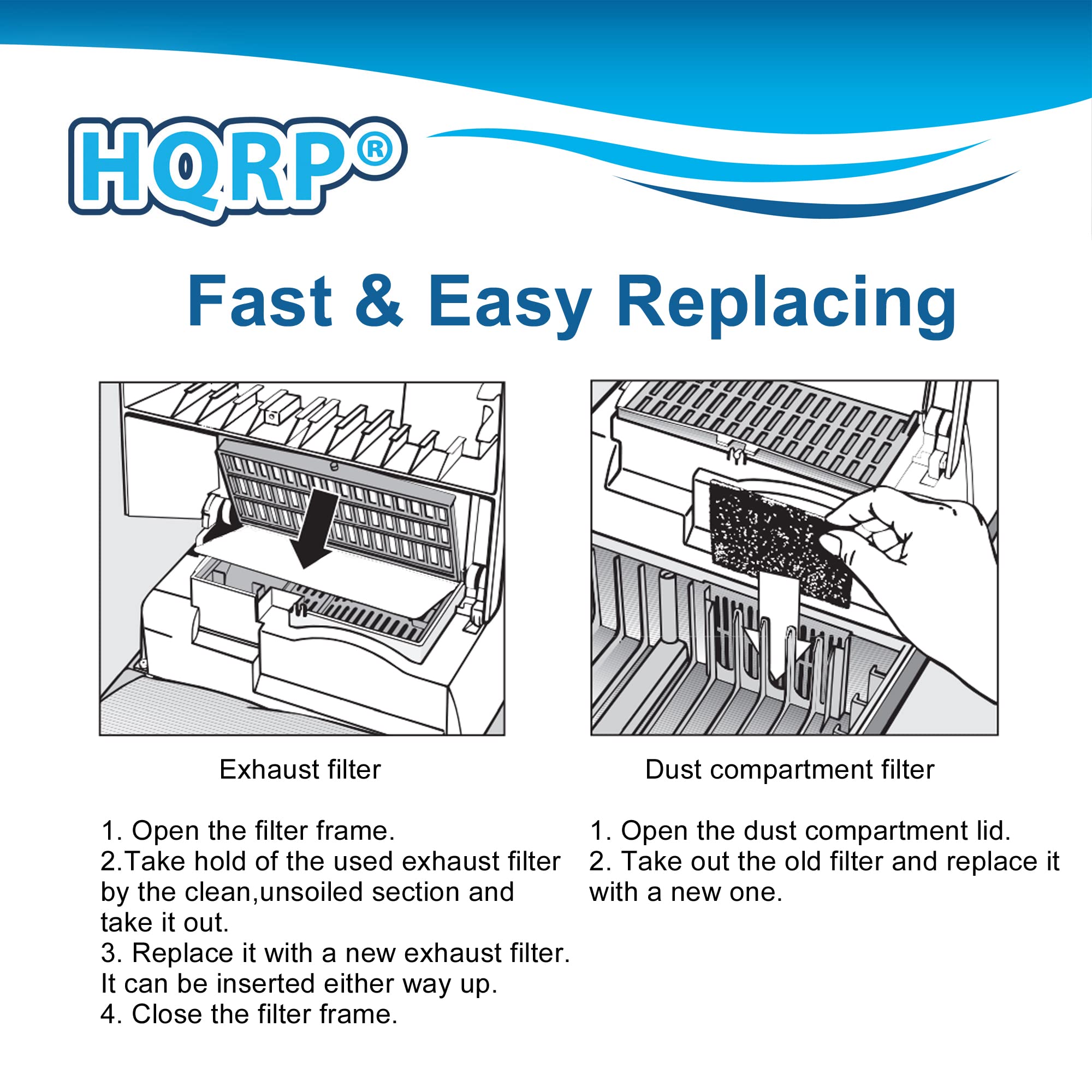 HQRP®  
Fast & Easy Replacing

**Exhaust filter**  
1. Open the filter frame.  
2. Take hold of the used exhaust filter by the clean, unsoiled section and take it out.  
3. Replace it with a new exhaust filter. It can be inserted either way up.  
4. Close the filter frame.

**Dust compartment filter**  
1. Open the dust compartment lid.  
2. Take out the old filter and replace it with a new one.