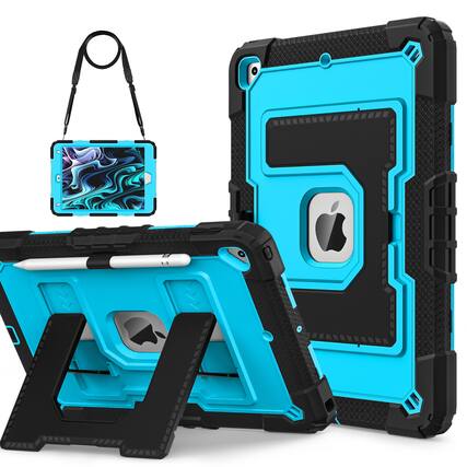 Front. Dteck - Case for iPad 9th/ 8th / 7th Gen 10.2", Heavy Duty Shockproof with Kickstand, Pencil Holder, Shoulder Strap - Black+Blue.