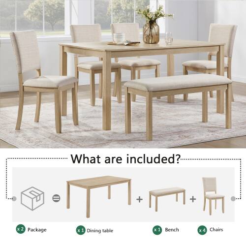 What are included?

- 2 Packages
- 1 Dining table
- 1 Bench
- 4 Chairs