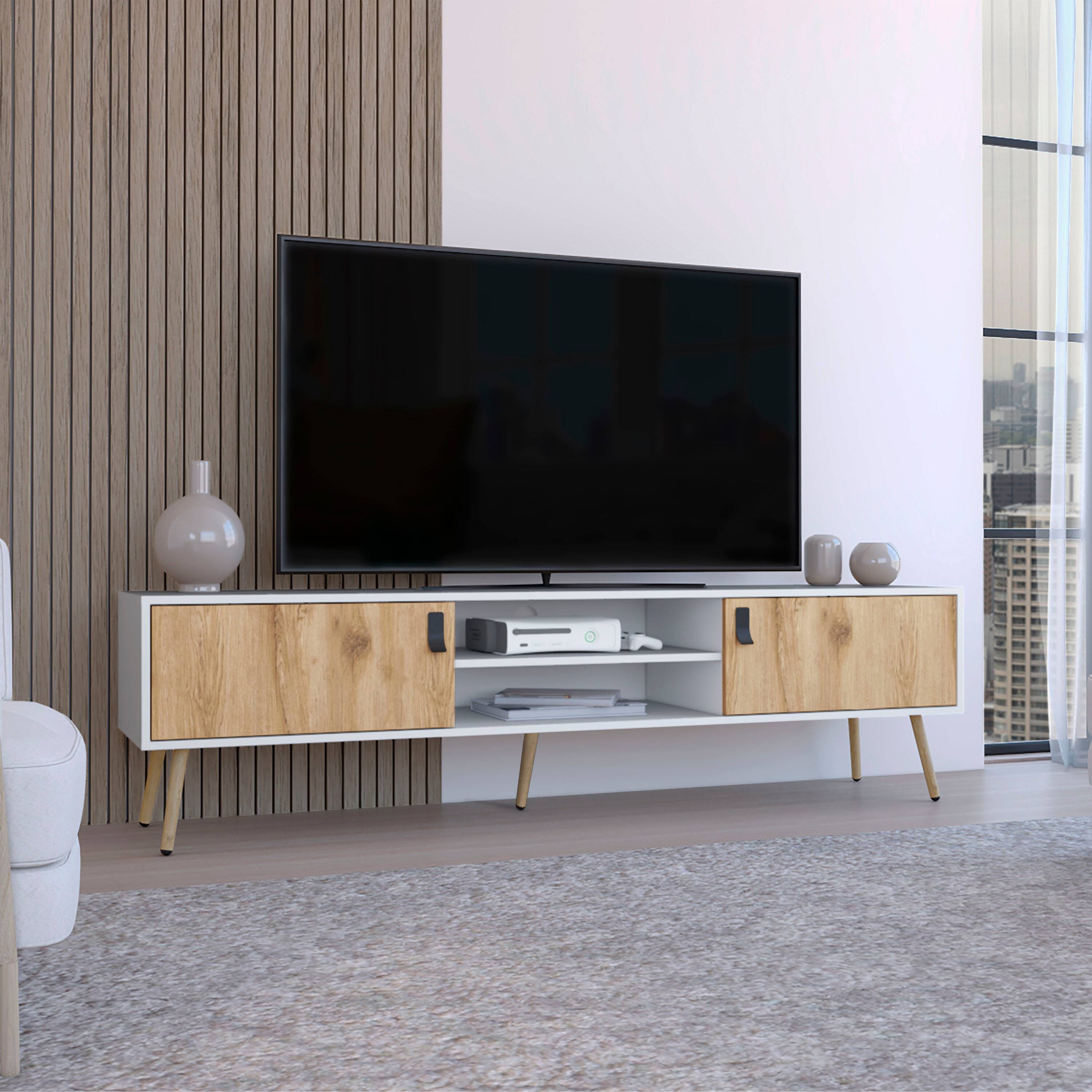 Front. TinyHomie - Toka TV Rack with 2 Hinged Doors and Central Shelves White/Macadamia - White and Walnut.