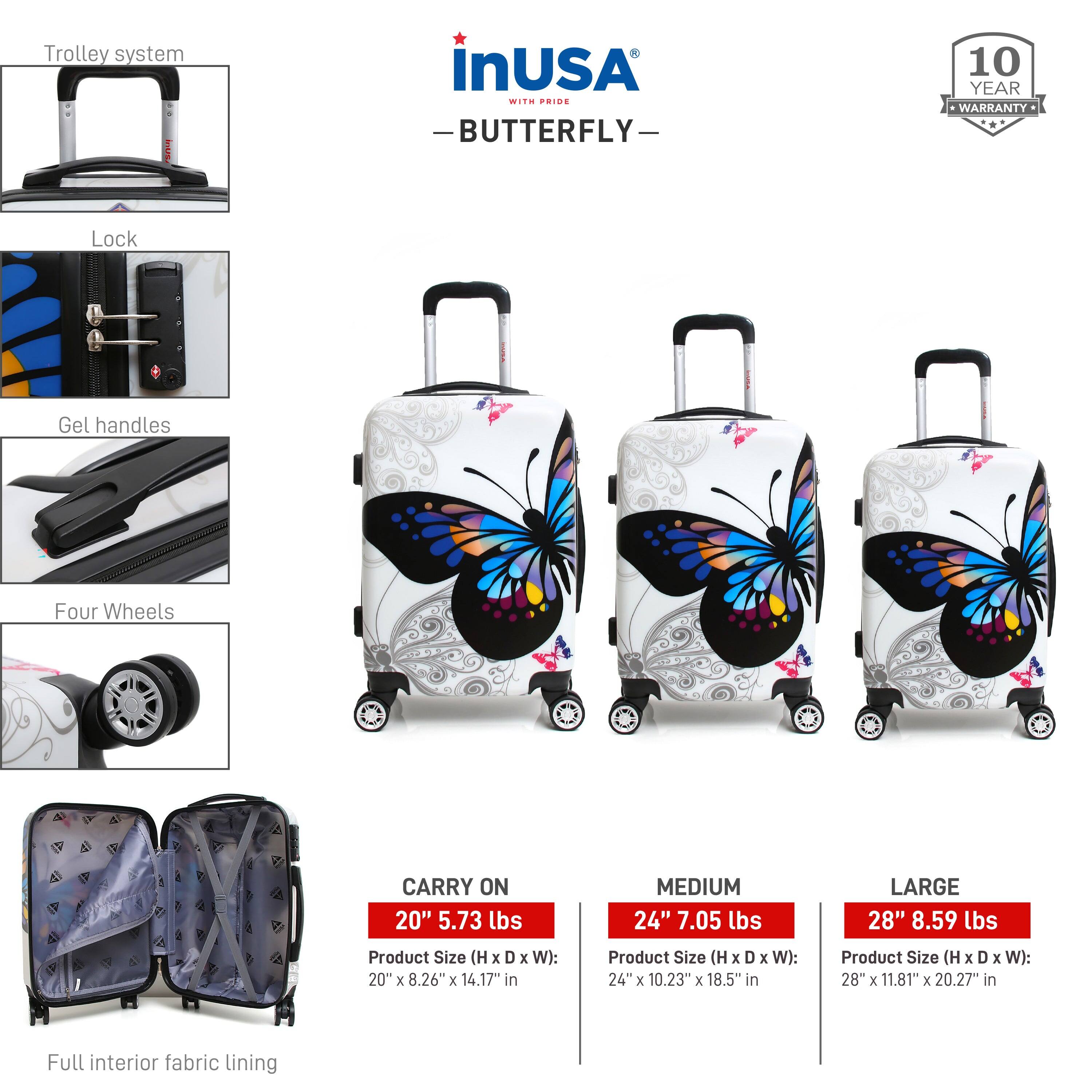 - **Trolley system**
- **Lock**
- **Gel handles**
- **Four Wheels**
- **Full interior fabric lining**

**Product Details:**

- **CARRY ON**
  - Size: 20" x 8.26" x 14.17" in
  - Weight: 5.73 lbs

- **MEDIUM**
  - Size: 24" x 10.23" x 18.5" in
  - Weight: 7.05 lbs

- **LARGE**
  - Size: 28" x 11.81" x 20.27" in
  - Weight: 8.59 lbs

**10 YEAR WARRANTY**