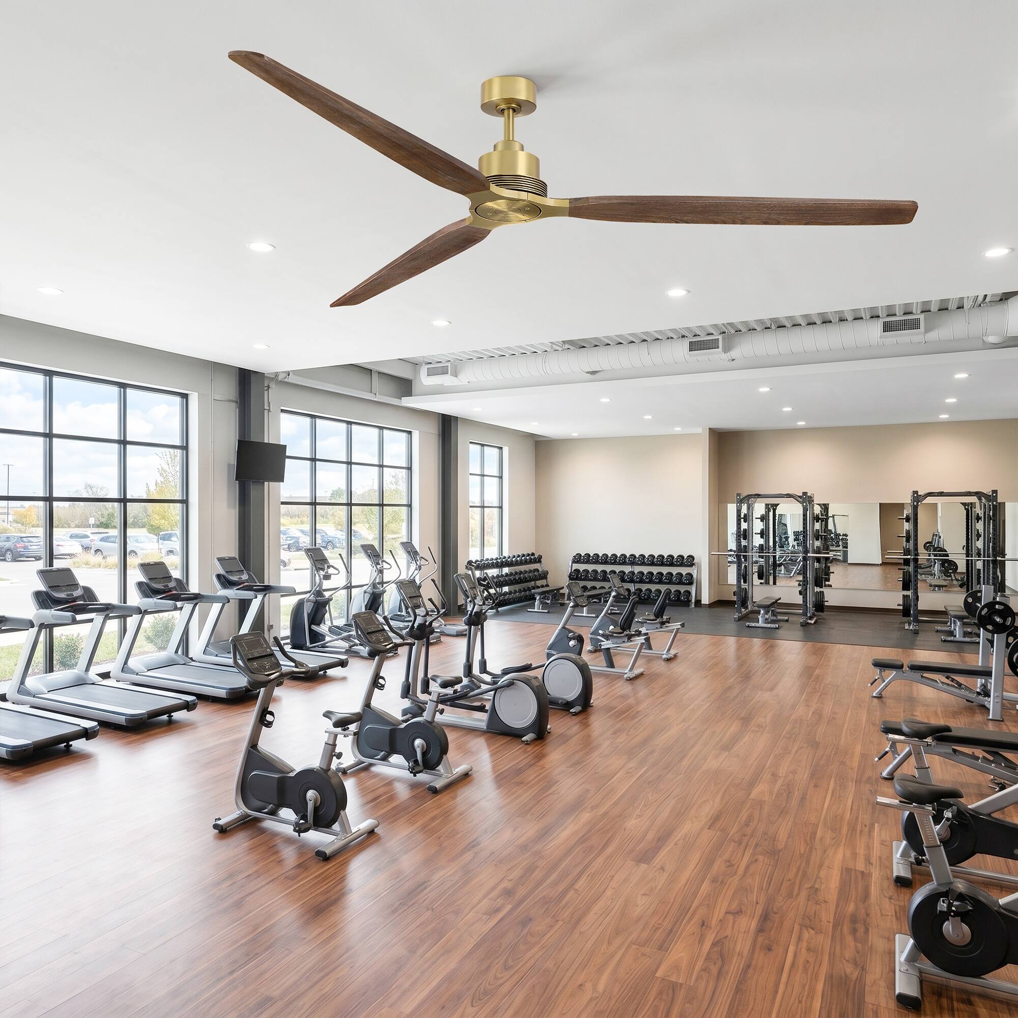 Angle. Parrot Uncle - 84" Rustic Solid Wood Large HVLS Ceiling Fan with Remote, No Light - Brass.
