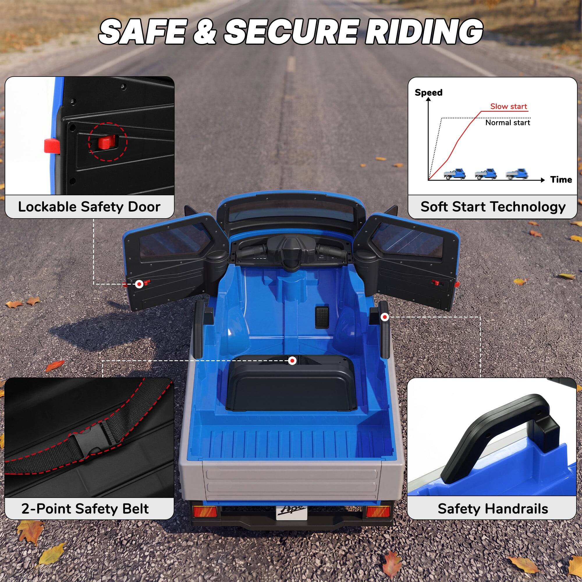SAFE & SECURE RIDING

- Lockable Safety Door
- Soft Start Technology
  - Speed
  - Slow start
  - Normal start
  - Time
- 2-Point Safety Belt
- Safety Handrails