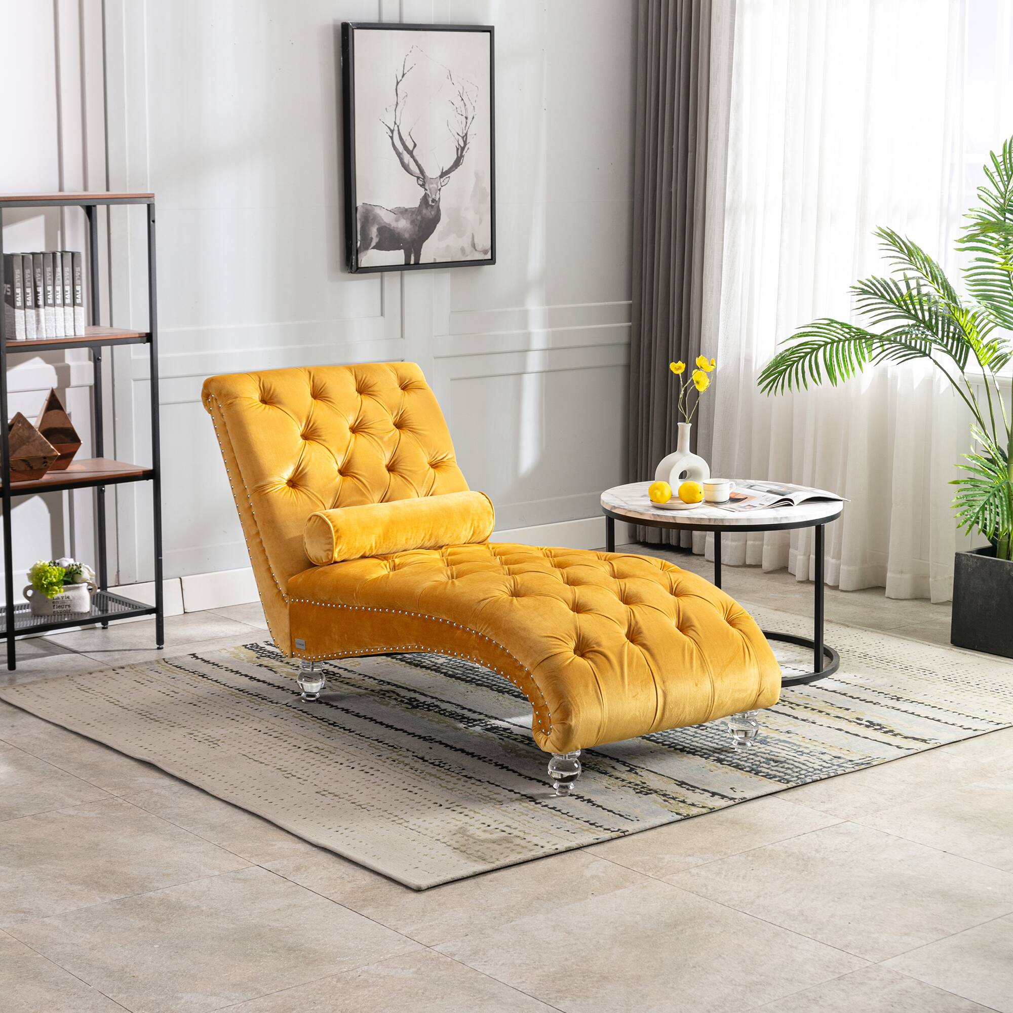 Back. Trinkets Crazed - Velvet Indoor Chaise Lounge Chair with Toss Pillow, Upholstered Modern Tufted Button Lounge Chair with Acrylic Legs - Mustard.