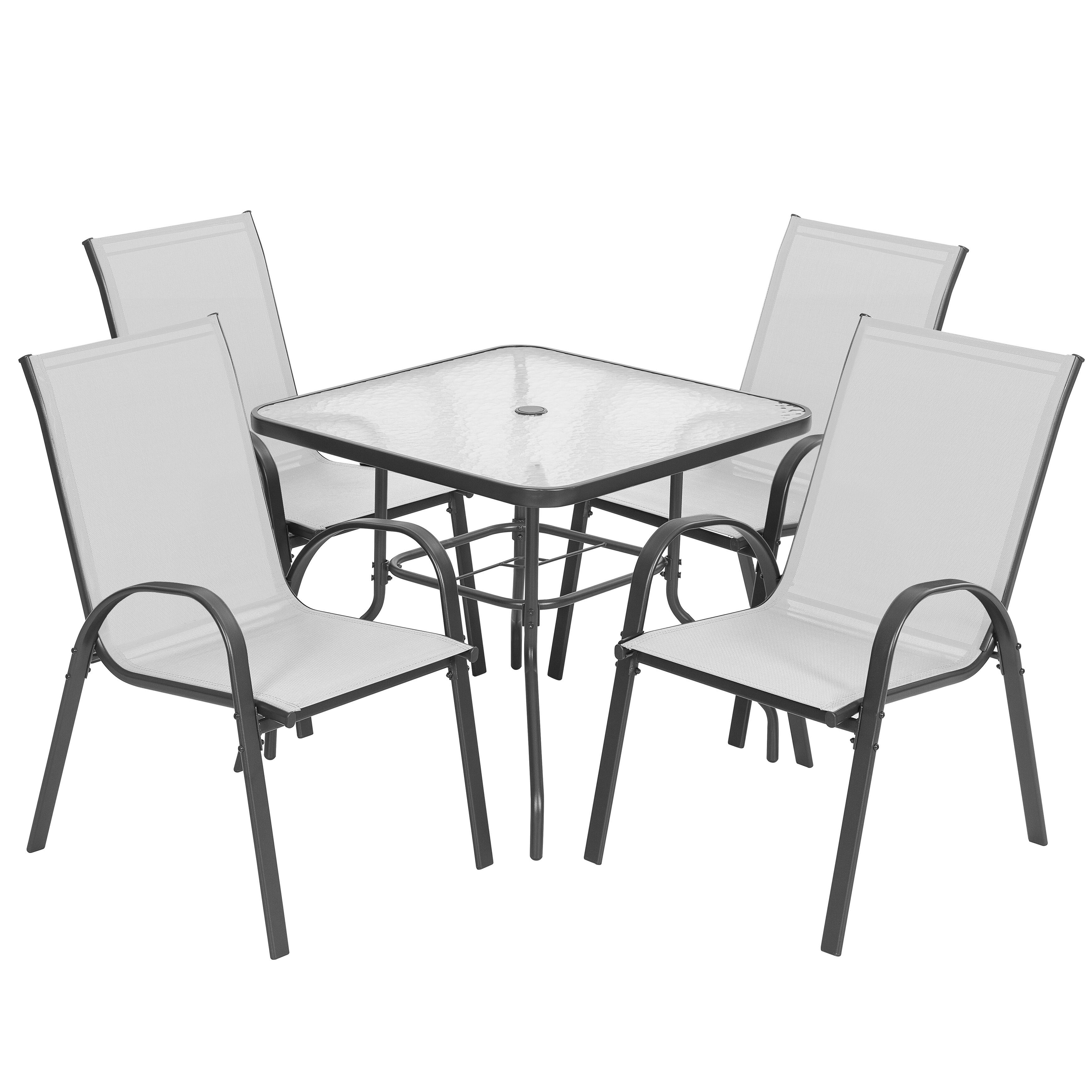 Angle. Nuu Garden - 5PCS Metal Outdoor Dining Set, 4 Stackable Chairs and Tempered Glass Table with Umbrella Hole - Gray and Black.