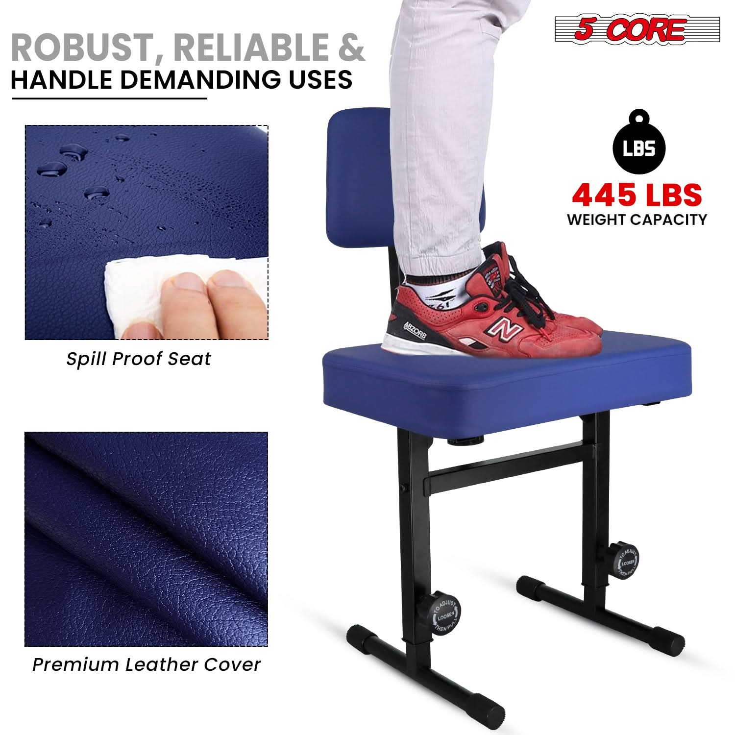 ROBUST, RELIABLE & HANDLE DEMANDING USES 5 CORE LBS 445 LBS WEIGHT CAPACITY Spill Proof Seat Premium Leather Cover