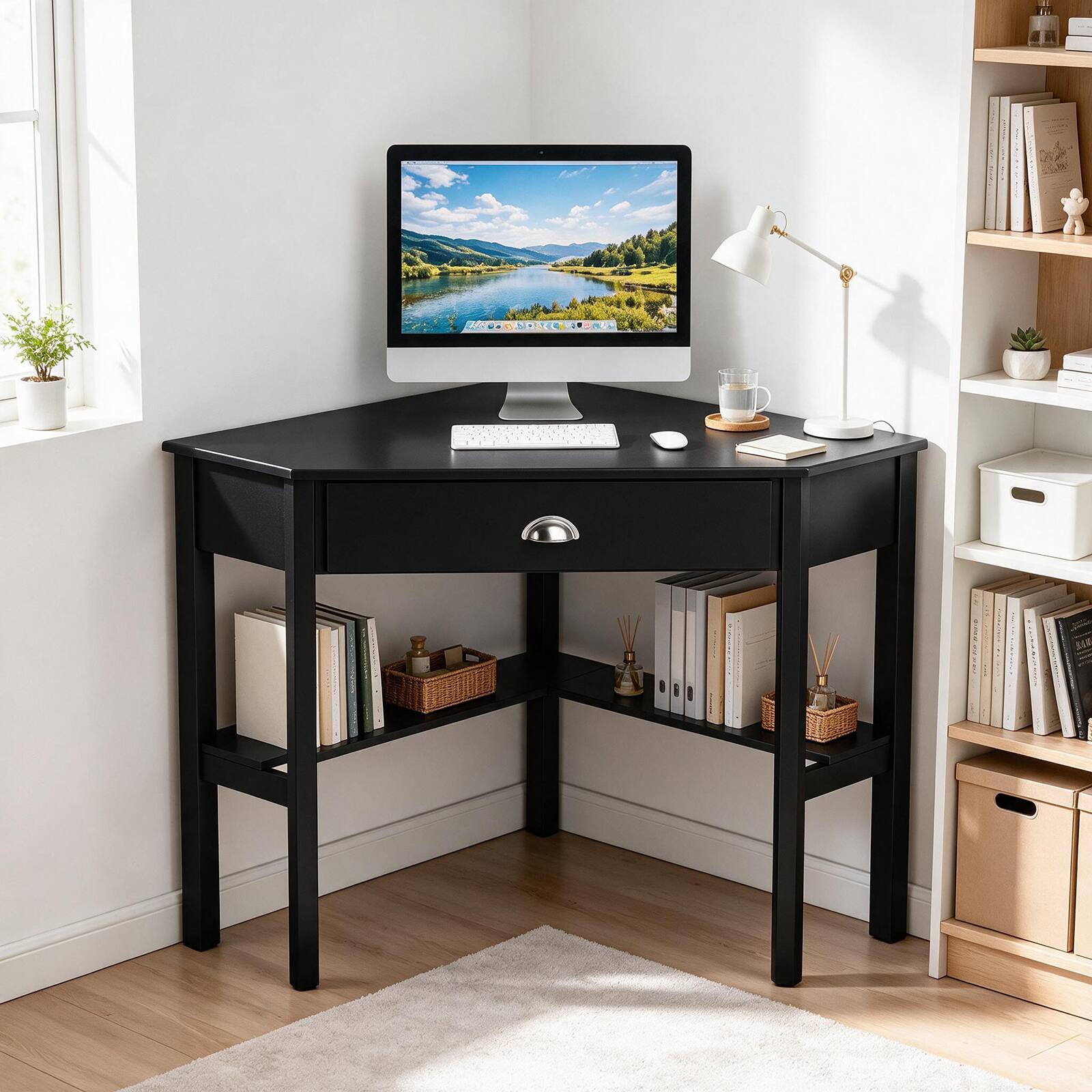 Left. Costway - Corner Desk Space-saving Triangular Computer Desk with Storage Drawer & Shelf - Rustic Black.