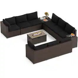 Costway - 12 PCS Patio Wicker Sectional Sofa Set with 32" Propane Fire Pit Table Tank Holder - Black