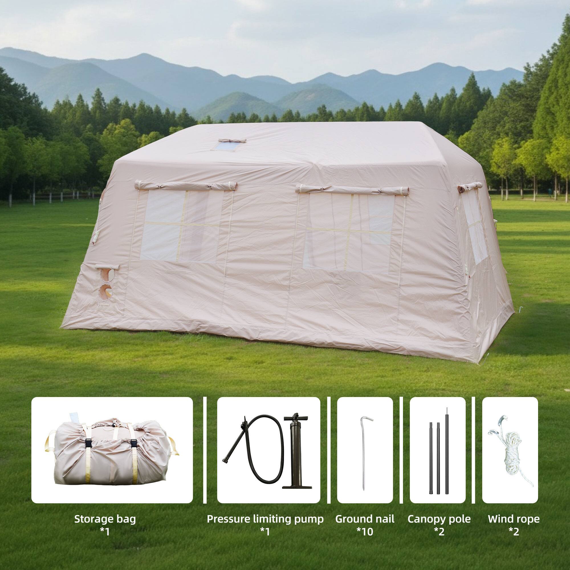 Storage bag *1  
Pressure limiting pump *1  
Ground nail *10  
Canopy pole *2  
Wind rope *2